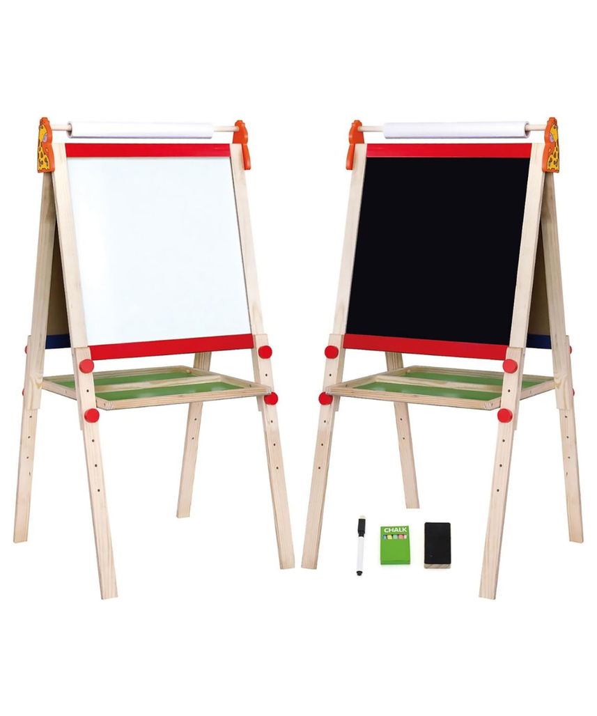 Viga Toys Standing Easel with Roll Paper, Wooden Two-Sided Art Easel with Chalkboard and Magnetic Whiteboard, Includes 10m Paper Roll, Chalk, Eraser, Dry Erase Pen & 4 Magnets, Multicolor, Ages 2+ to 6