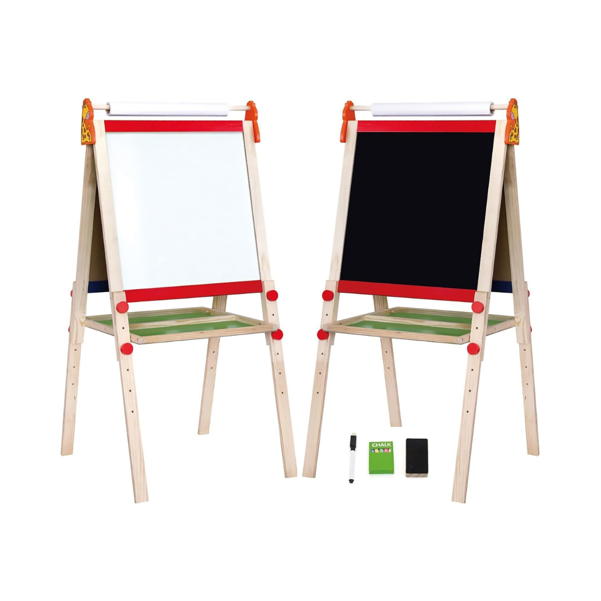 Viga Toys Standing Easel with Roll Paper, Wooden Two-Sided Art Easel with Chalkboard and Magnetic Whiteboard, Includes 10m Paper Roll, Chalk, Eraser, Dry Erase Pen & 4 Magnets, Multicolor, Ages 2+ to 6