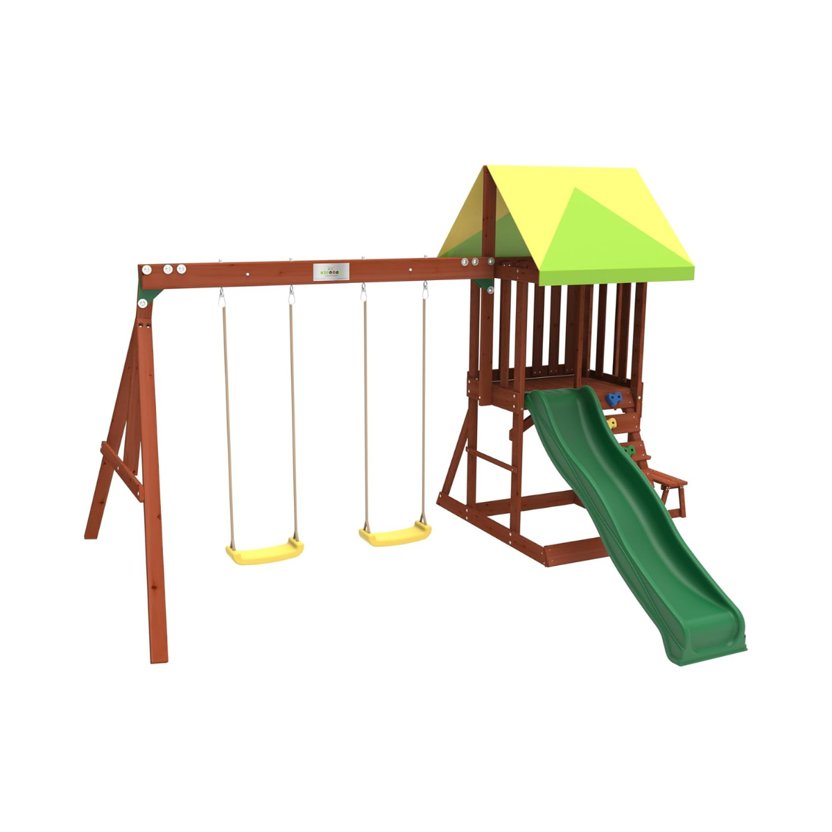Kiddoro Mighty Jungle Wooden Outdoor Playset, Double Slide & 2 Swings, Climbing Wall, Playhouse with Picnic Table, Backyard Garden Swing Set for Kids 2+ Years