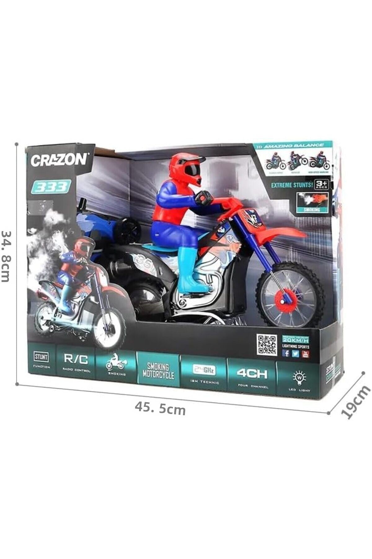 Crazon 1:10 Scale RC Smoking Motorcycle with Lights, 2.4GHz Remote Control, Rechargeable Battery, 6+