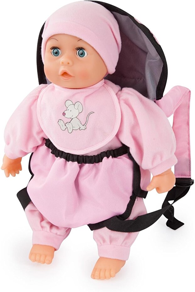 Bayer Design 93300AF My First Baby 13 inch Baby Doll, Set with Toddler, Dolls Carrier and Bottle, Interactive with Sounds, pink with mouse design