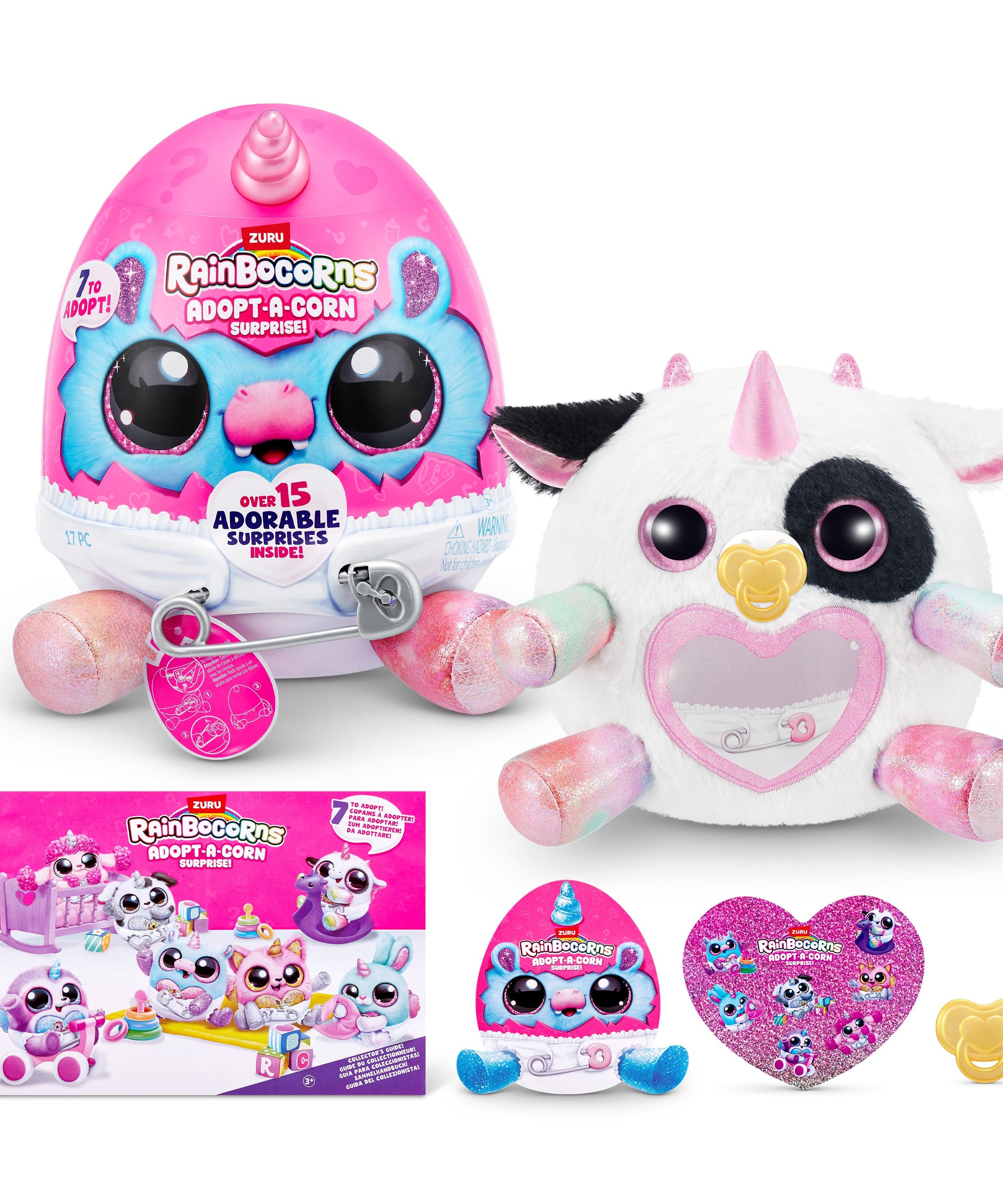 Rainbocorns Adopt-A-Corns Baby Plush Assorted Newborn Surprise Toy with 15+ Surprises, Diaper Egg, Pacifier & Adoption Certificate, Collect All 7 Cute Characters, Gift for Girls Ages 3+