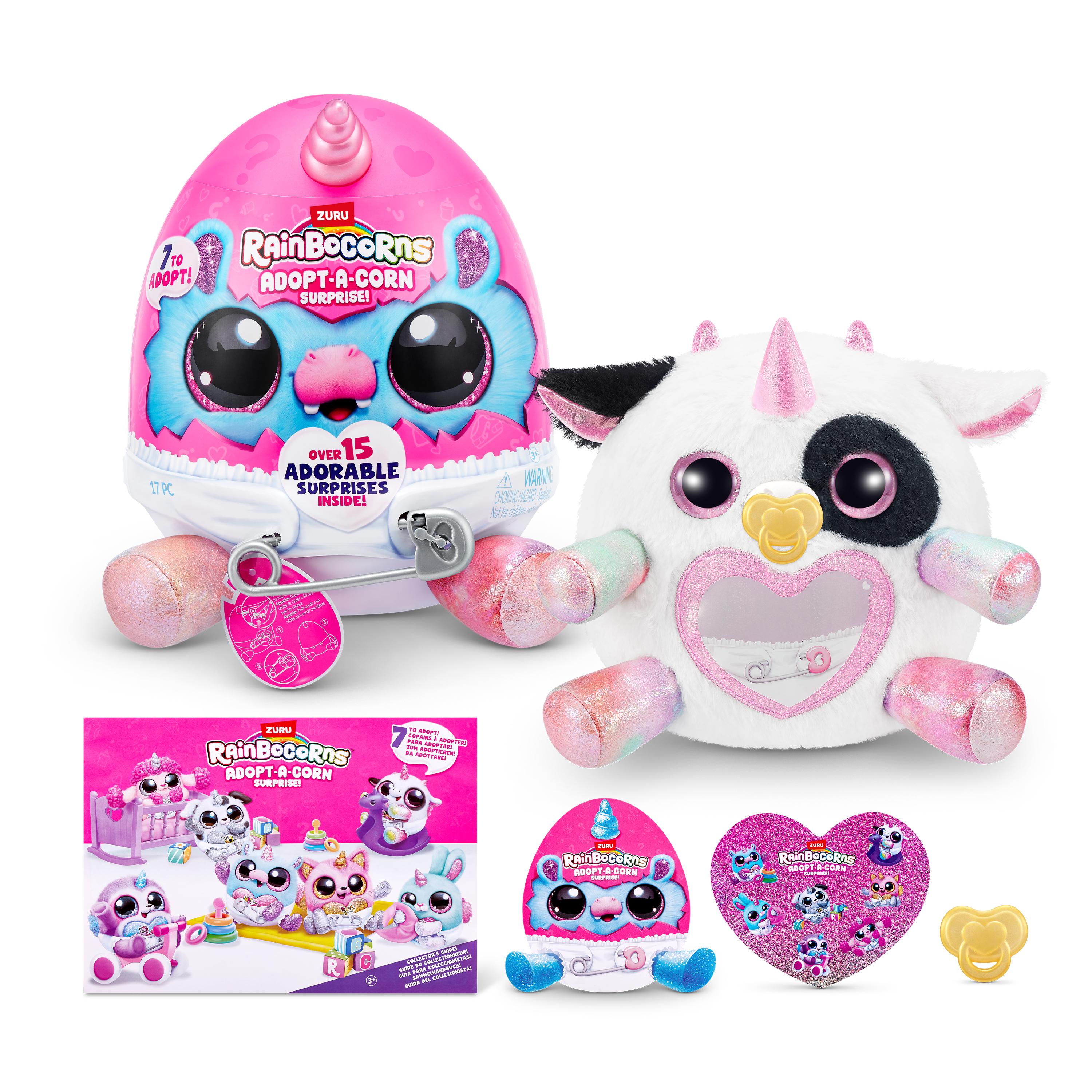 Rainbocorns Adopt-A-Corns Baby Plush Assorted Newborn Surprise Toy with 15+ Surprises, Diaper Egg, Pacifier & Adoption Certificate, Collect All 7 Cute Characters, Gift for Girls Ages 3+