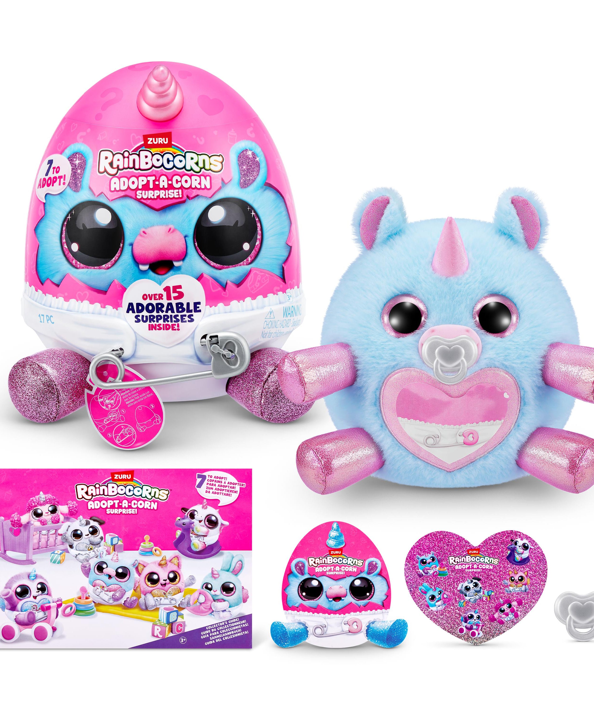 Rainbocorns Adopt-A-Corns Baby Plush Assorted Newborn Surprise Toy with 15+ Surprises, Diaper Egg, Pacifier & Adoption Certificate, Collect All 7 Cute Characters, Gift for Girls Ages 3+