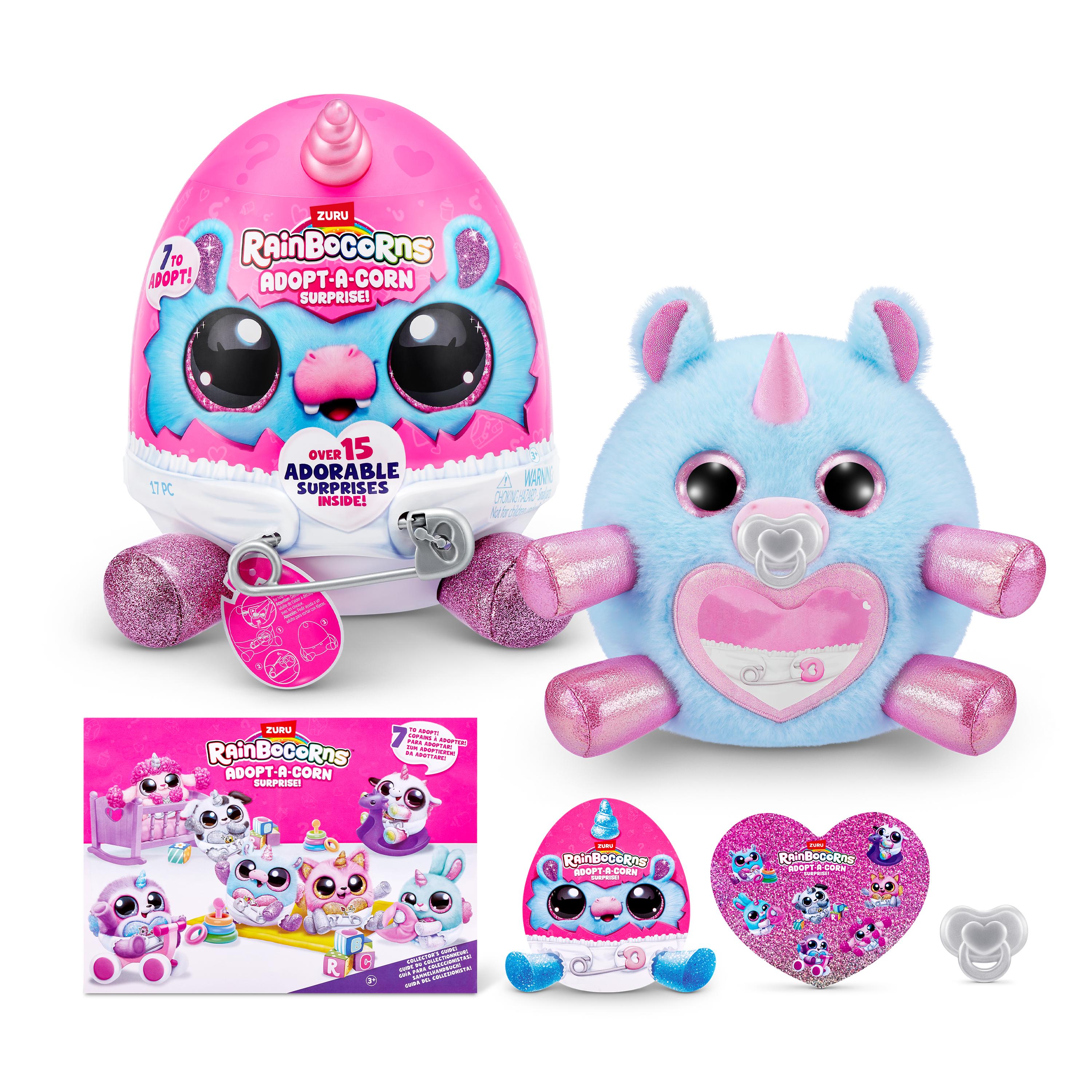 Rainbocorns Adopt-A-Corns Baby Plush Assorted Newborn Surprise Toy with 15+ Surprises, Diaper Egg, Pacifier & Adoption Certificate, Collect All 7 Cute Characters, Gift for Girls Ages 3+