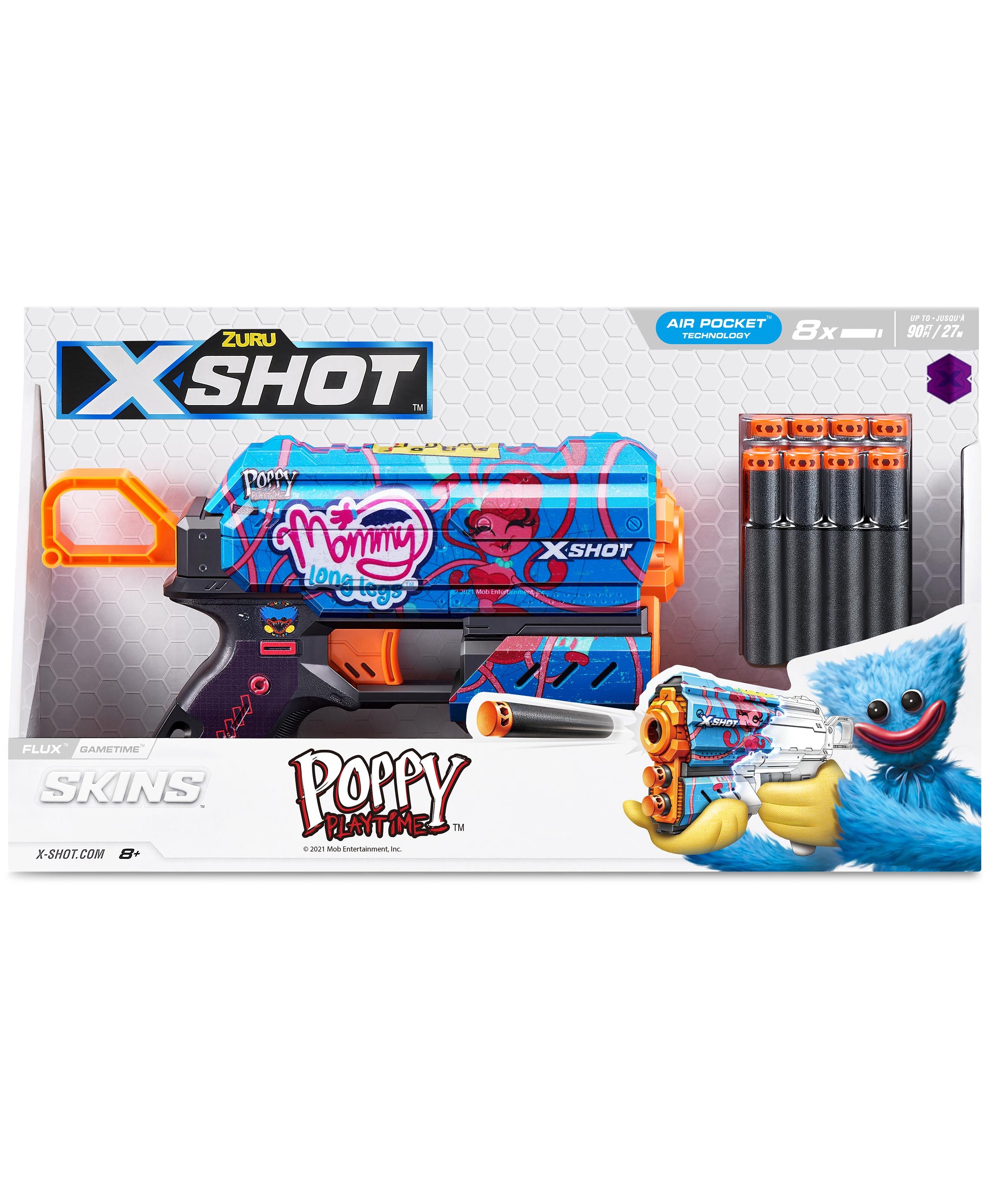XSHOT Skins Flux, Poppy Playtime Jumpscare Edition (8 Darts), Foam Dart Blaster with Air Pocket Dart Technology, Shoots up to 27m, Collectible Toy Gun for Kids Ages 8+, Boys, Girls, Teens