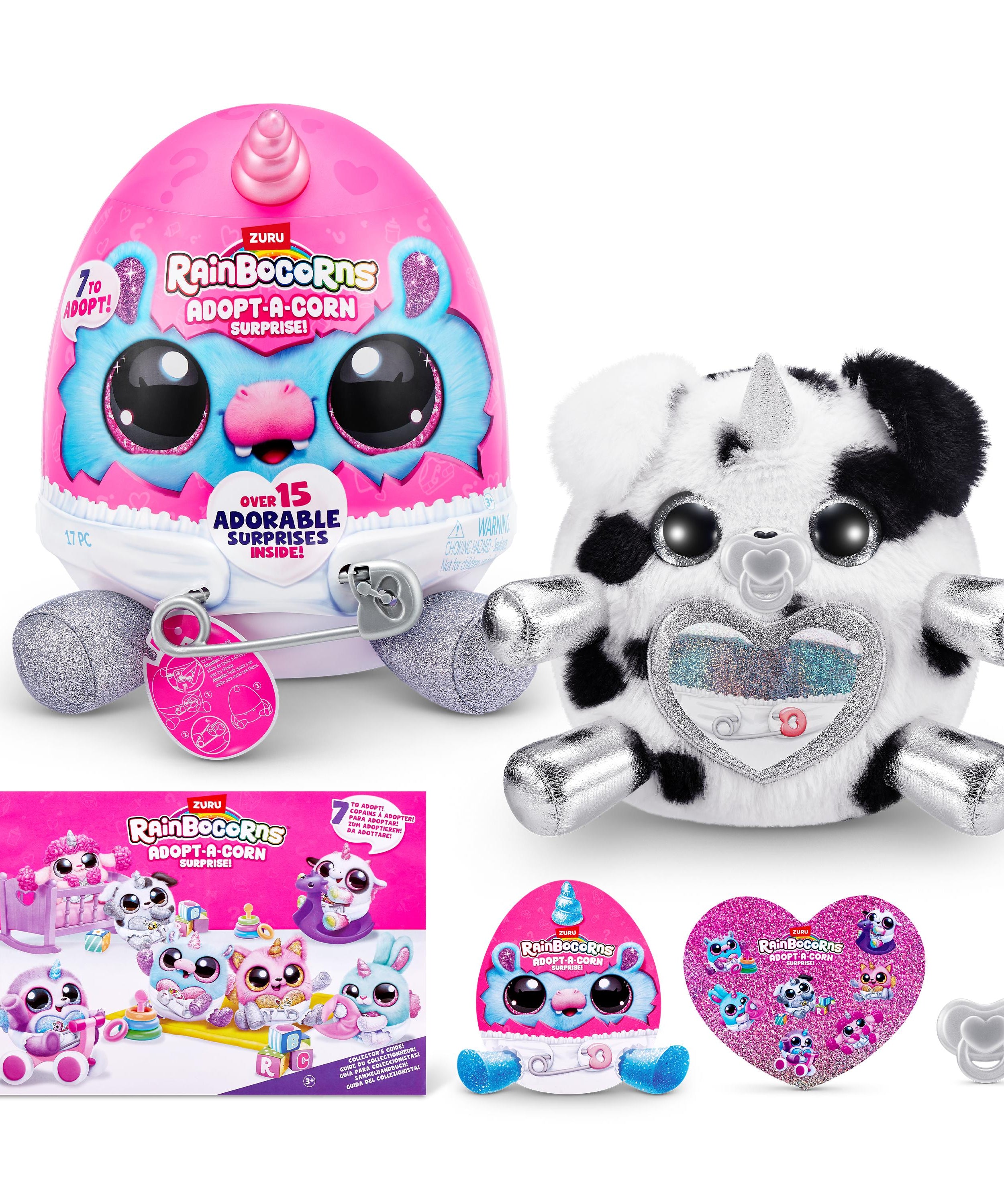 Rainbocorns Adopt-A-Corns Baby Plush Assorted Newborn Surprise Toy with 15+ Surprises, Diaper Egg, Pacifier & Adoption Certificate, Collect All 7 Cute Characters, Gift for Girls Ages 3+