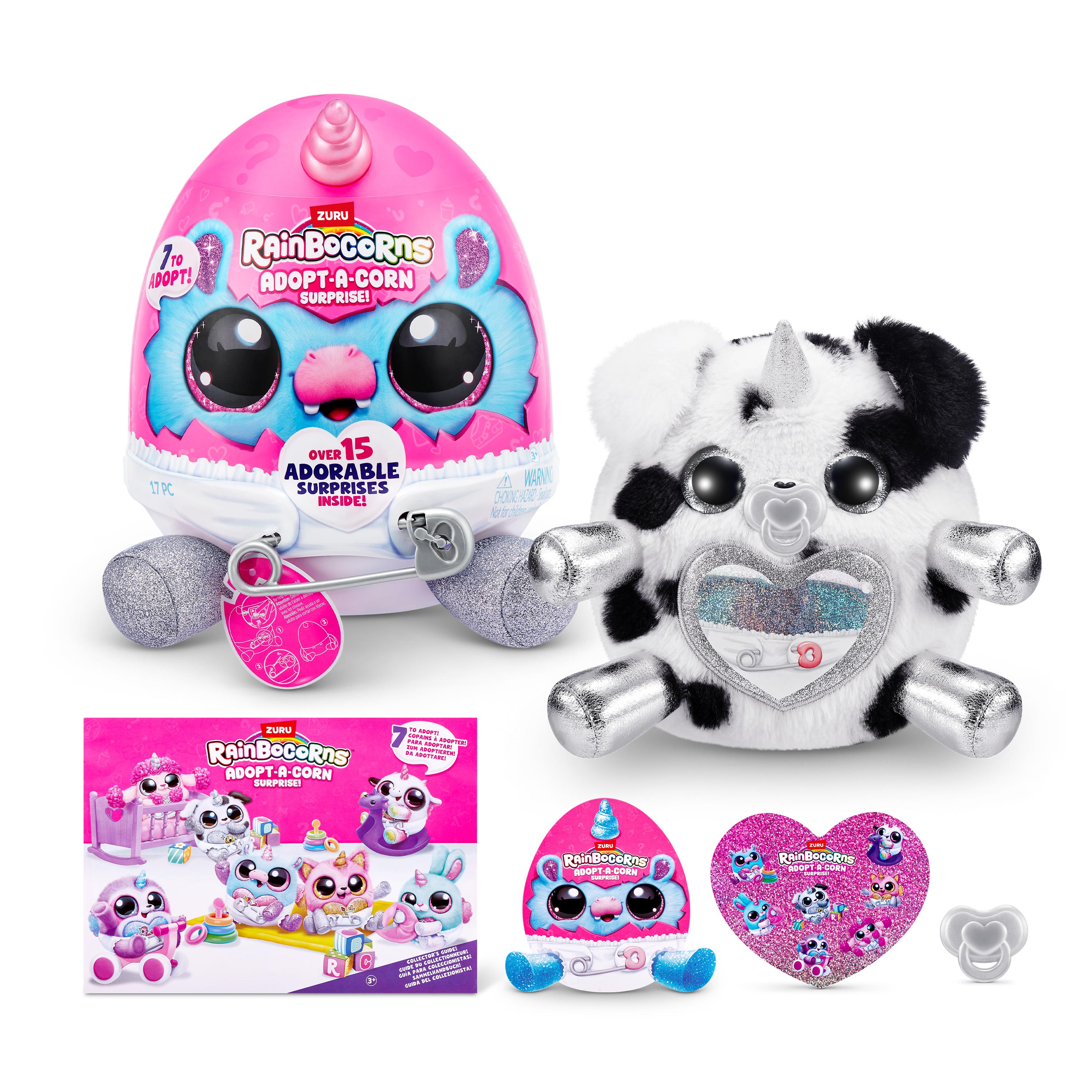 Rainbocorns Adopt-A-Corns Baby Plush Assorted Newborn Surprise Toy with 15+ Surprises, Diaper Egg, Pacifier & Adoption Certificate, Collect All 7 Cute Characters, Gift for Girls Ages 3+