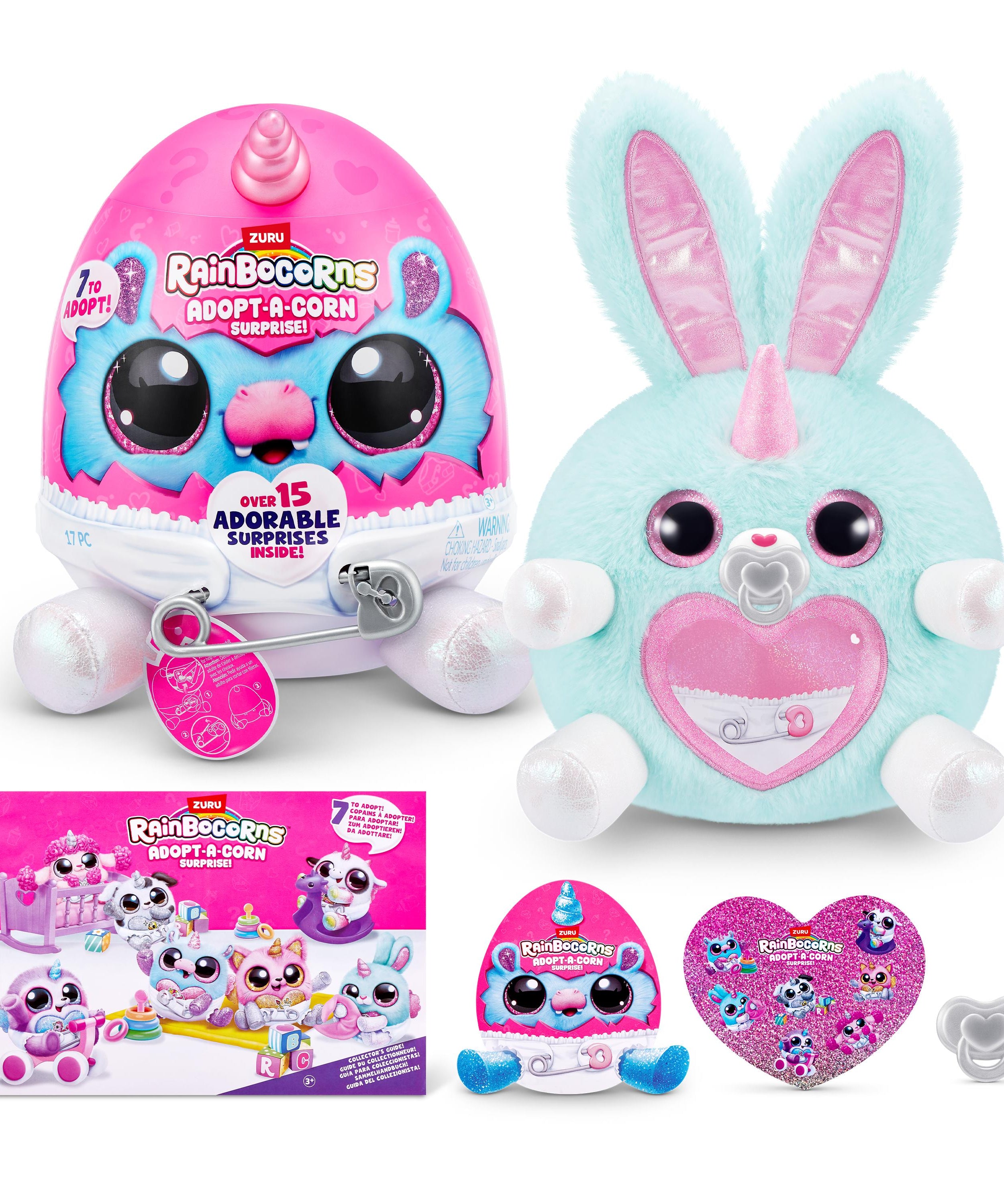 Rainbocorns Adopt-A-Corns Baby Plush Assorted Newborn Surprise Toy with 15+ Surprises, Diaper Egg, Pacifier & Adoption Certificate, Collect All 7 Cute Characters, Gift for Girls Ages 3+