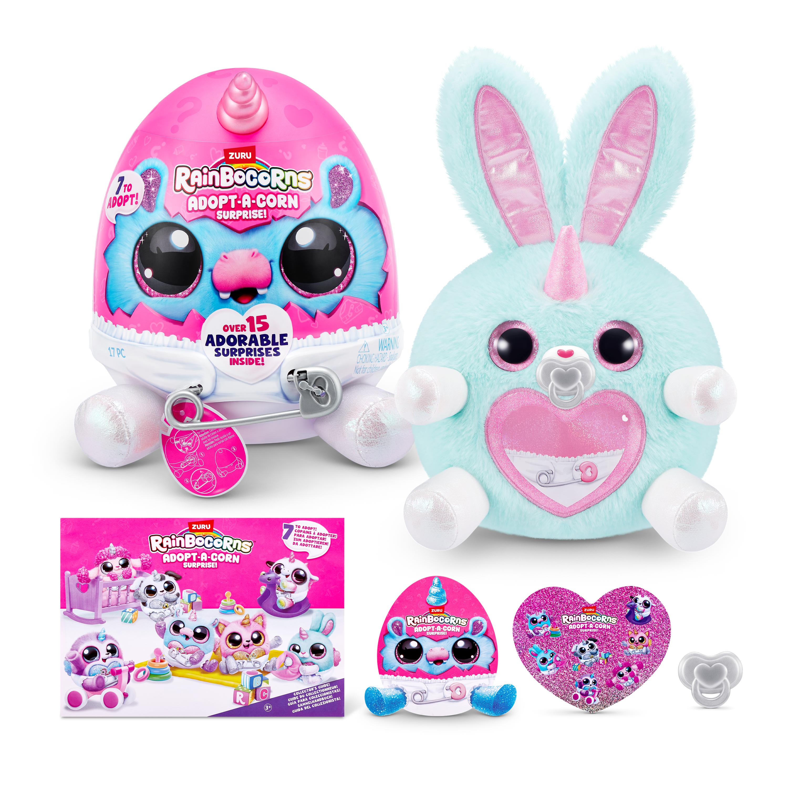 Rainbocorns Adopt-A-Corns Baby Plush Assorted Newborn Surprise Toy with 15+ Surprises, Diaper Egg, Pacifier & Adoption Certificate, Collect All 7 Cute Characters, Gift for Girls Ages 3+