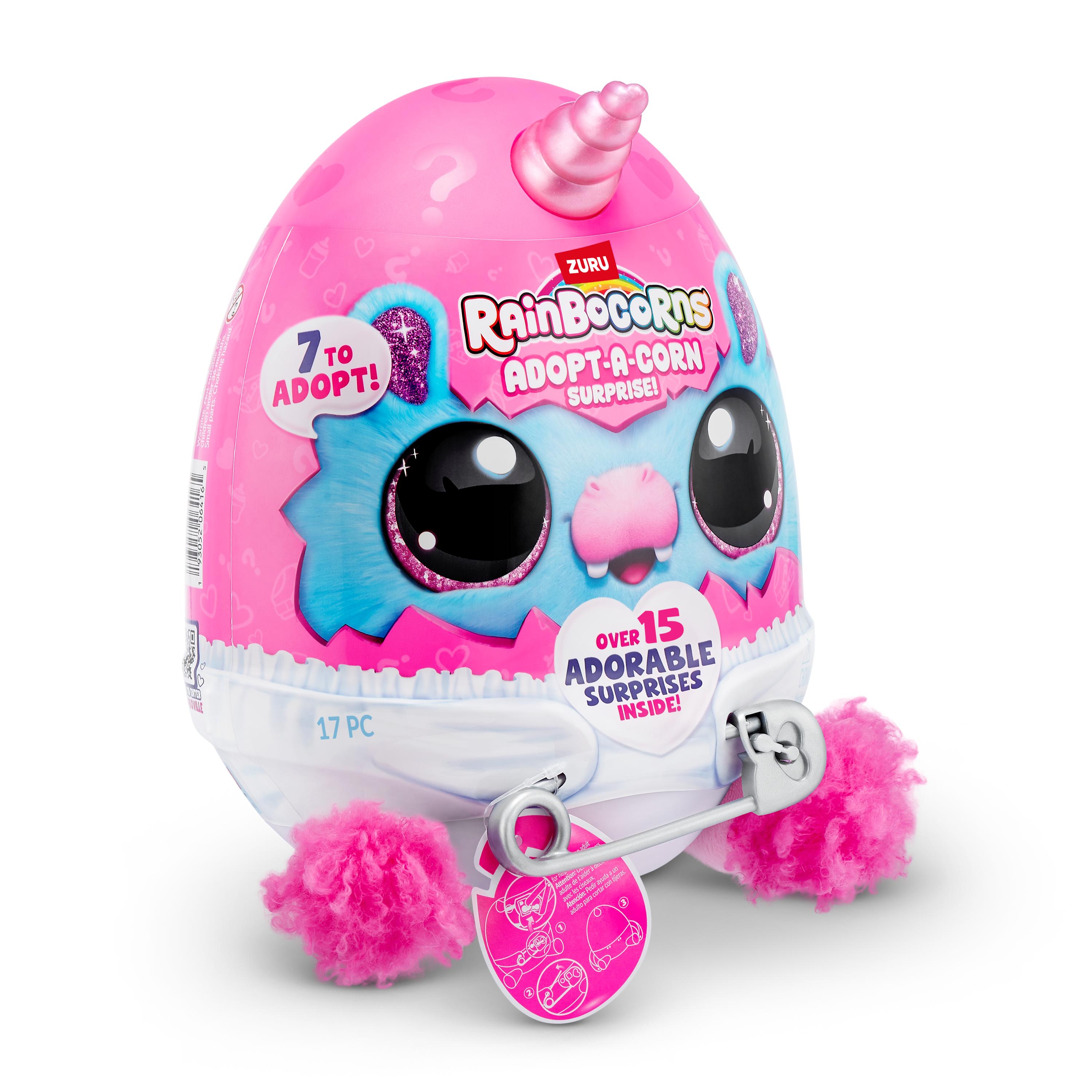 Rainbocorns Adopt-A-Corns Baby Plush Assorted Newborn Surprise Toy with 15+ Surprises, Diaper Egg, Pacifier & Adoption Certificate, Collect All 7 Cute Characters, Gift for Girls Ages 3+