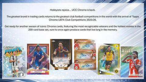 Topps Chrome UEFA Club Competitions 2025/26 Mega Box Football Trading Cards, Official UEFA Soccer Card Collection with Exclusive Mega Box Parallels, Refractors, Inserts & Autograph Chase Cards