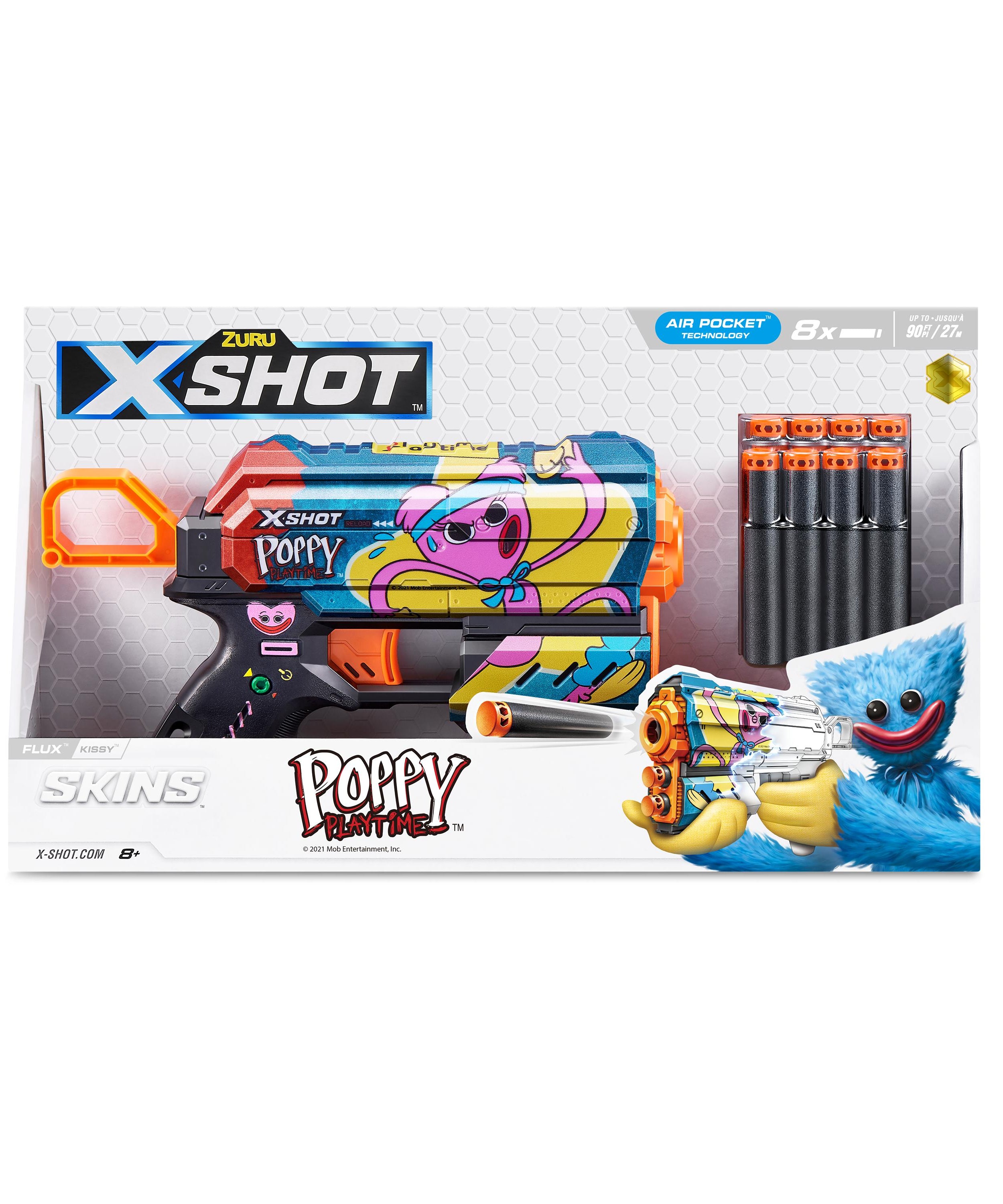XSHOT Skins Flux, Poppy Playtime Jumpscare Edition (8 Darts), Foam Dart Blaster with Air Pocket Dart Technology, Shoots up to 27m, Collectible Toy Gun for Kids Ages 8+, Boys, Girls, Teens