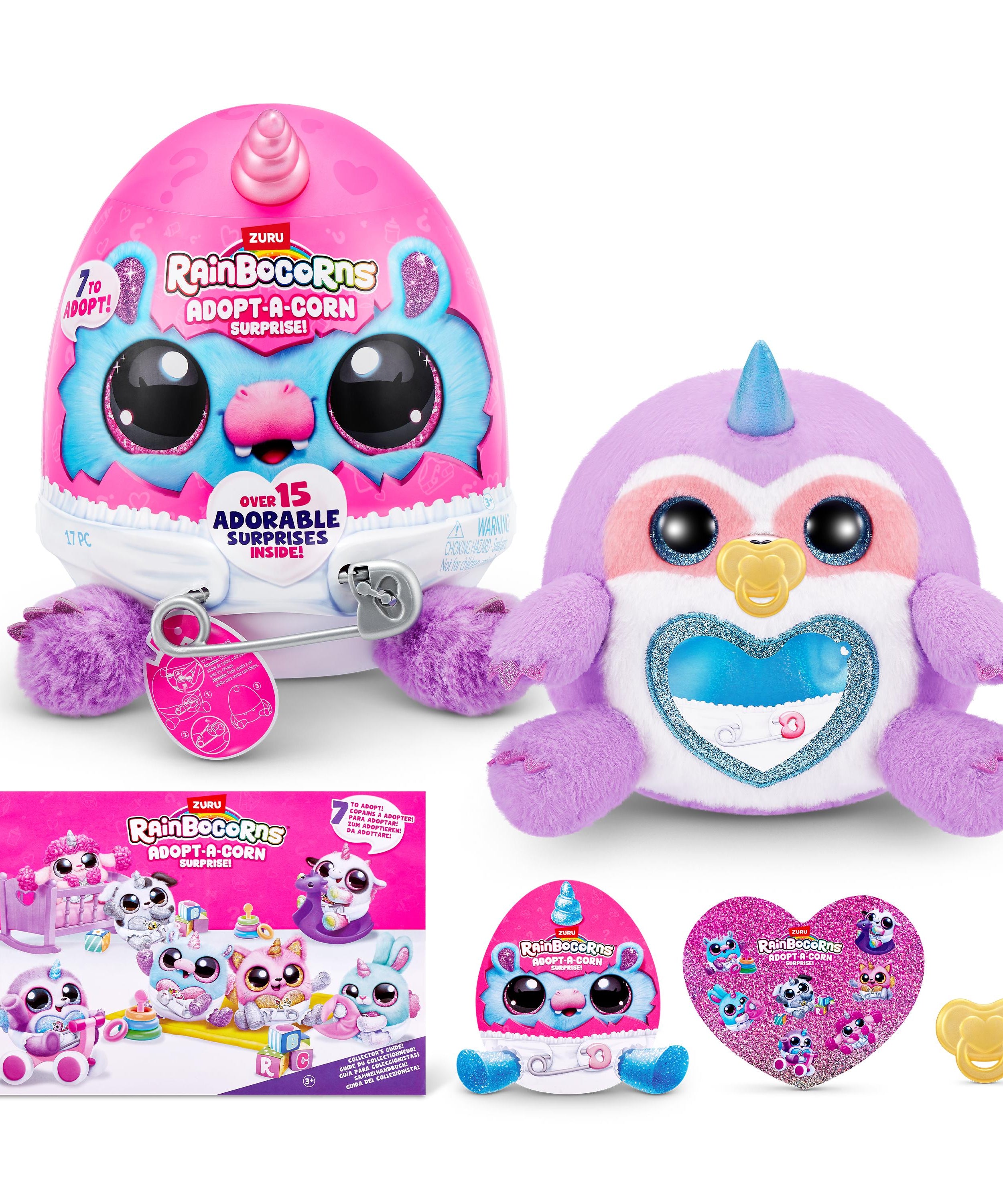 Rainbocorns Adopt-A-Corns Baby Plush Assorted Newborn Surprise Toy with 15+ Surprises, Diaper Egg, Pacifier & Adoption Certificate, Collect All 7 Cute Characters, Gift for Girls Ages 3+