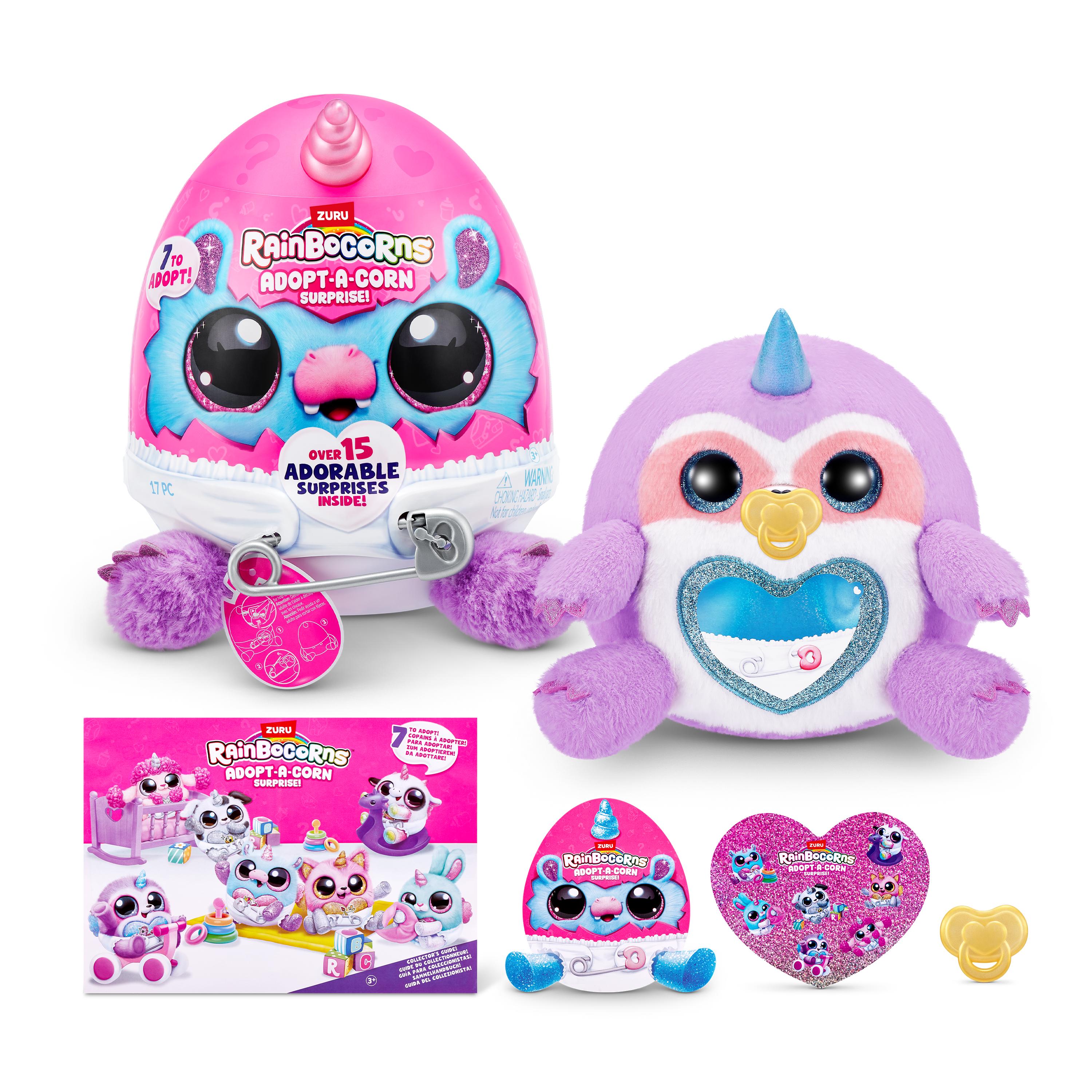 Rainbocorns Adopt-A-Corns Baby Plush Assorted Newborn Surprise Toy with 15+ Surprises, Diaper Egg, Pacifier & Adoption Certificate, Collect All 7 Cute Characters, Gift for Girls Ages 3+