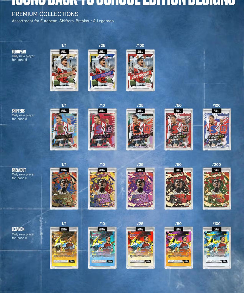 2026 Club Legacyz Icons Back to School Fifth Edition Soccer Hobby Pack, 1 Card Per Pack, Rare Football Collectible Cards, On-Card Autographs, Game-Worn Jersey Cards
