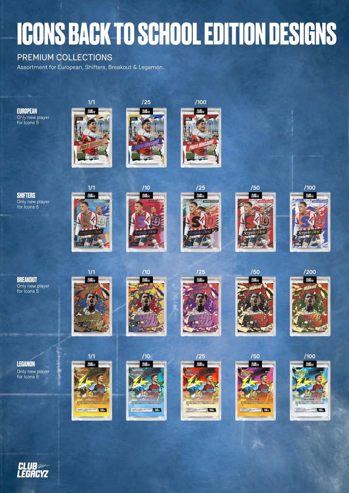 2026 Club Legacyz Icons Back to School Fifth Edition Soccer Hobby Pack, 1 Card Per Pack, Rare Football Collectible Cards, On-Card Autographs, Game-Worn Jersey Cards