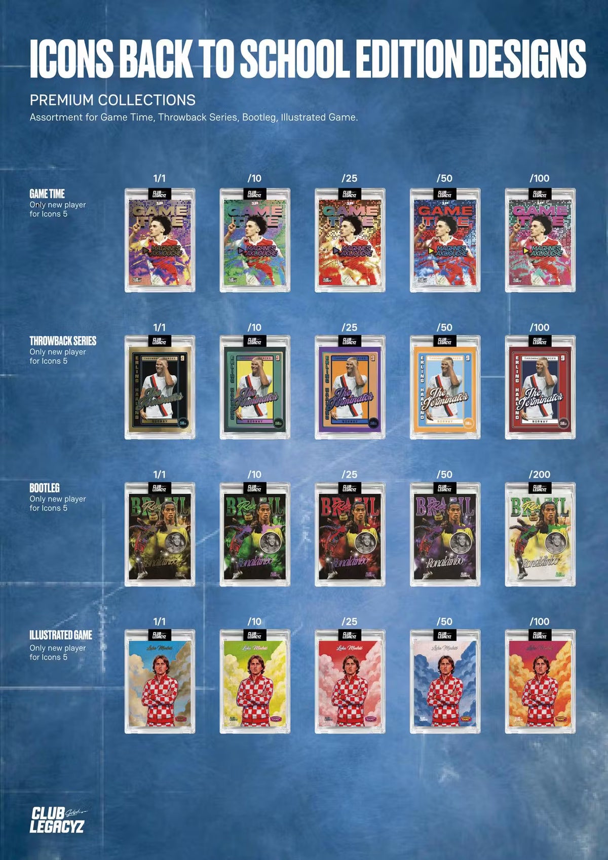 2026 Club Legacyz Icons Back to School Fifth Edition Soccer Hobby Pack, 1 Card Per Pack, Rare Football Collectible Cards, On-Card Autographs, Game-Worn Jersey Cards