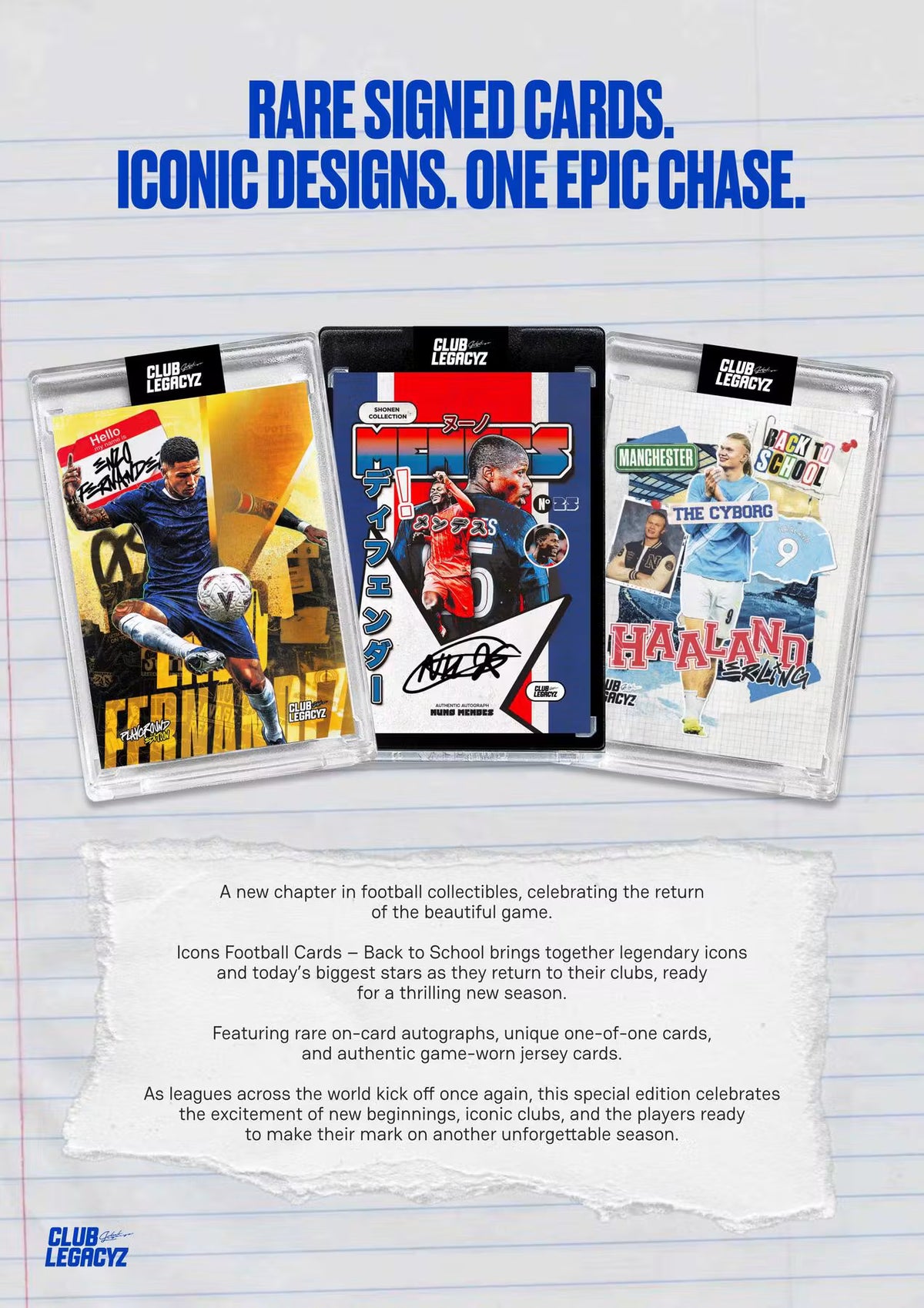 2026 Club Legacyz Icons Back to School Fifth Edition Soccer Hobby Pack, 1 Card Per Pack, Rare Football Collectible Cards, On-Card Autographs, Game-Worn Jersey Cards