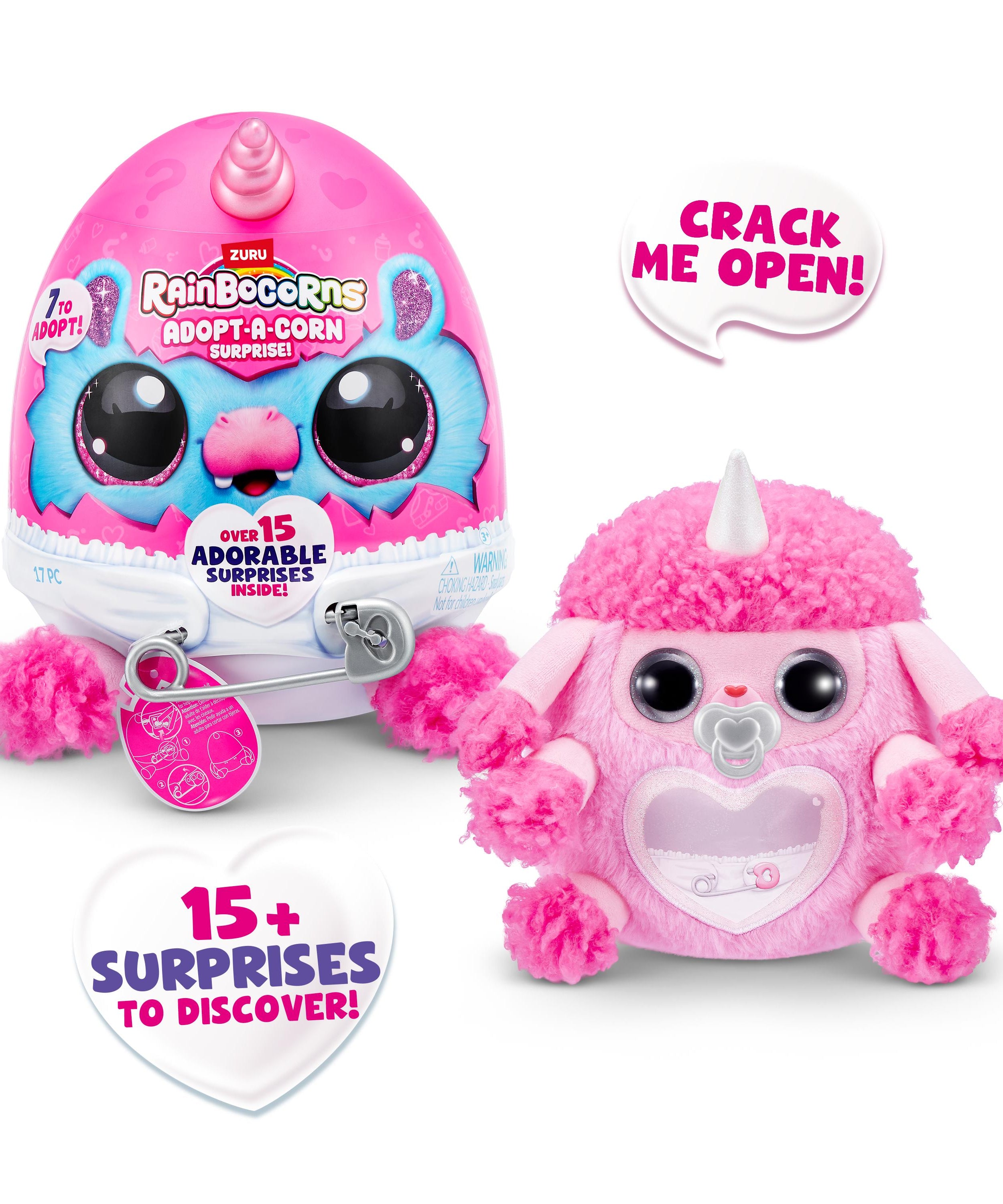 Rainbocorns Adopt-A-Corns Baby Plush Assorted Newborn Surprise Toy with 15+ Surprises, Diaper Egg, Pacifier & Adoption Certificate, Collect All 7 Cute Characters, Gift for Girls Ages 3+