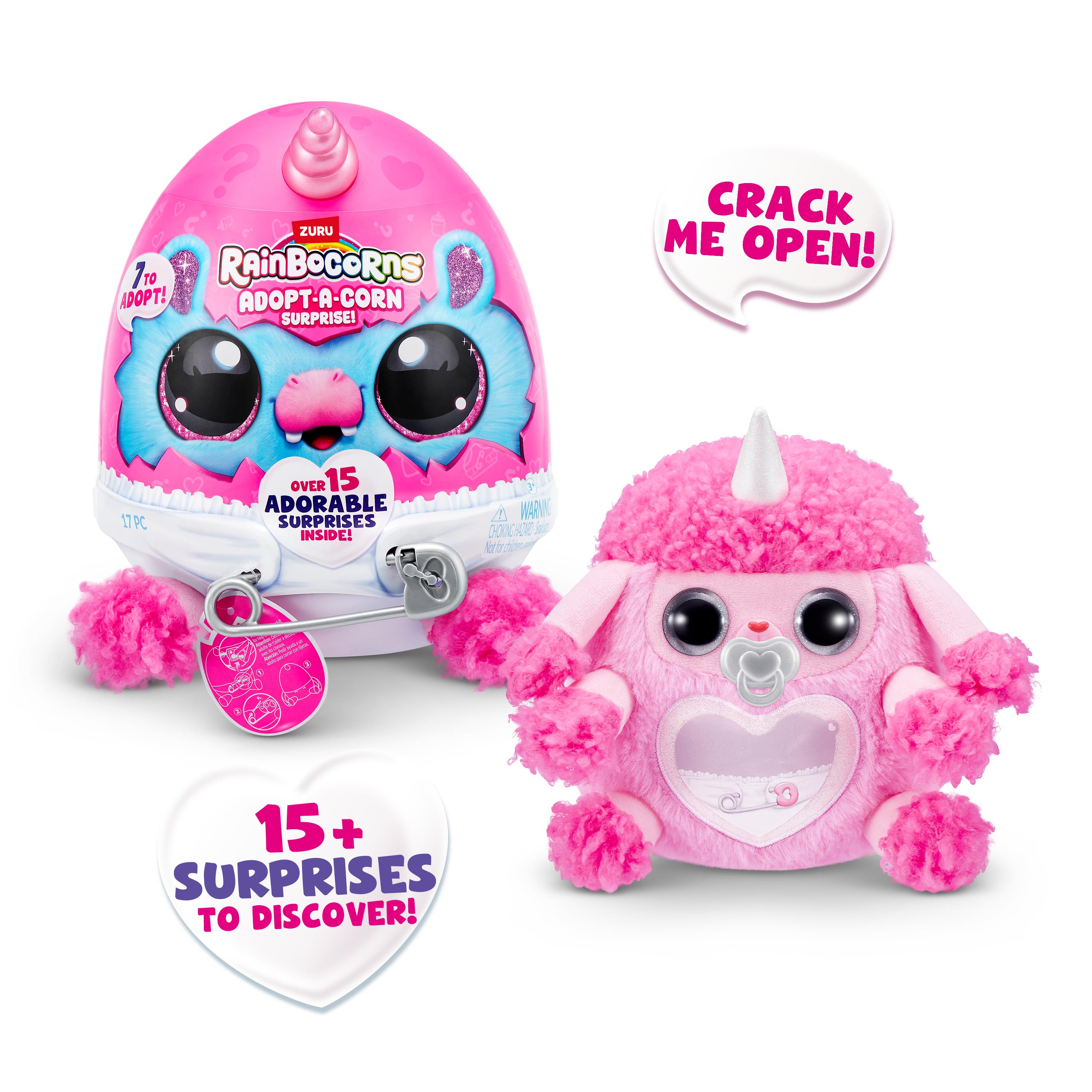 Rainbocorns Adopt-A-Corns Baby Plush Assorted Newborn Surprise Toy with 15+ Surprises, Diaper Egg, Pacifier & Adoption Certificate, Collect All 7 Cute Characters, Gift for Girls Ages 3+