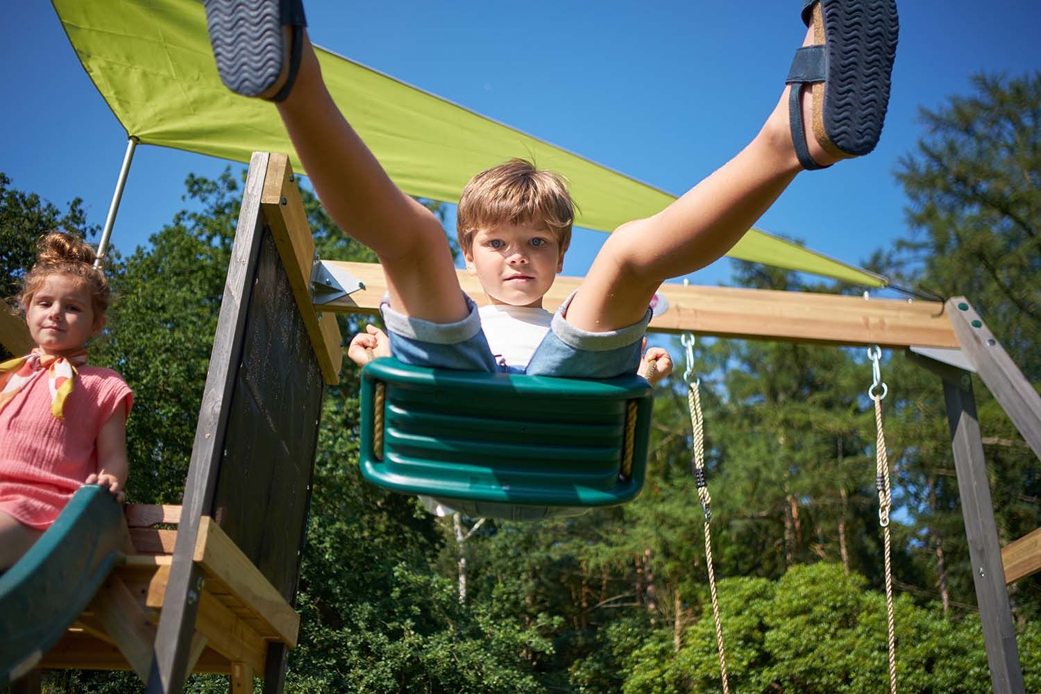 Plum® Siamang Wooden Playcentre, Swing and Slide Set, FSC® Certified Climbing Frame with Sandpit & Sunshade, Outdoor Play Set, Ages 3+