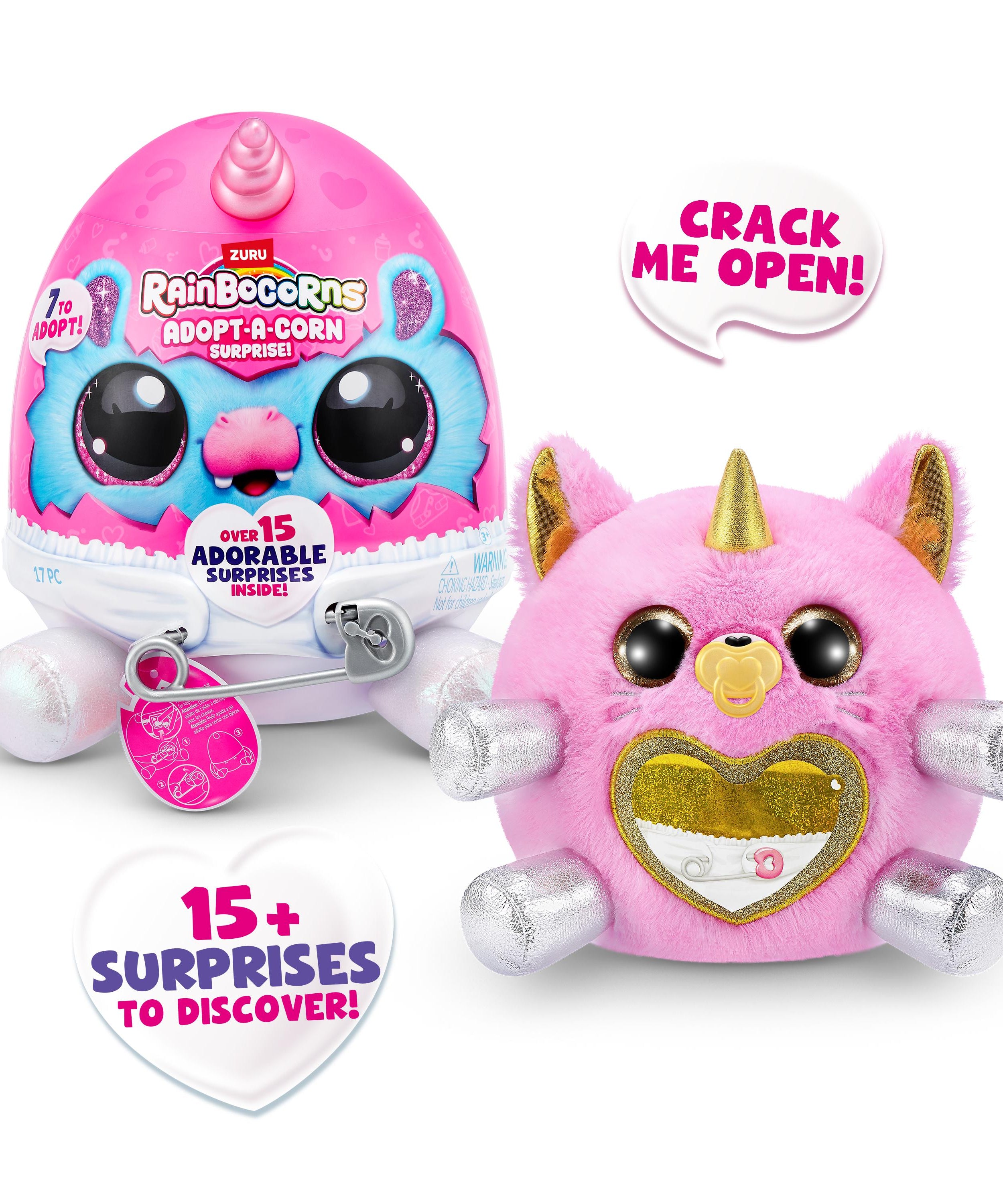 Rainbocorns Adopt-A-Corns Baby Plush Assorted Newborn Surprise Toy with 15+ Surprises, Diaper Egg, Pacifier & Adoption Certificate, Collect All 7 Cute Characters, Gift for Girls Ages 3+