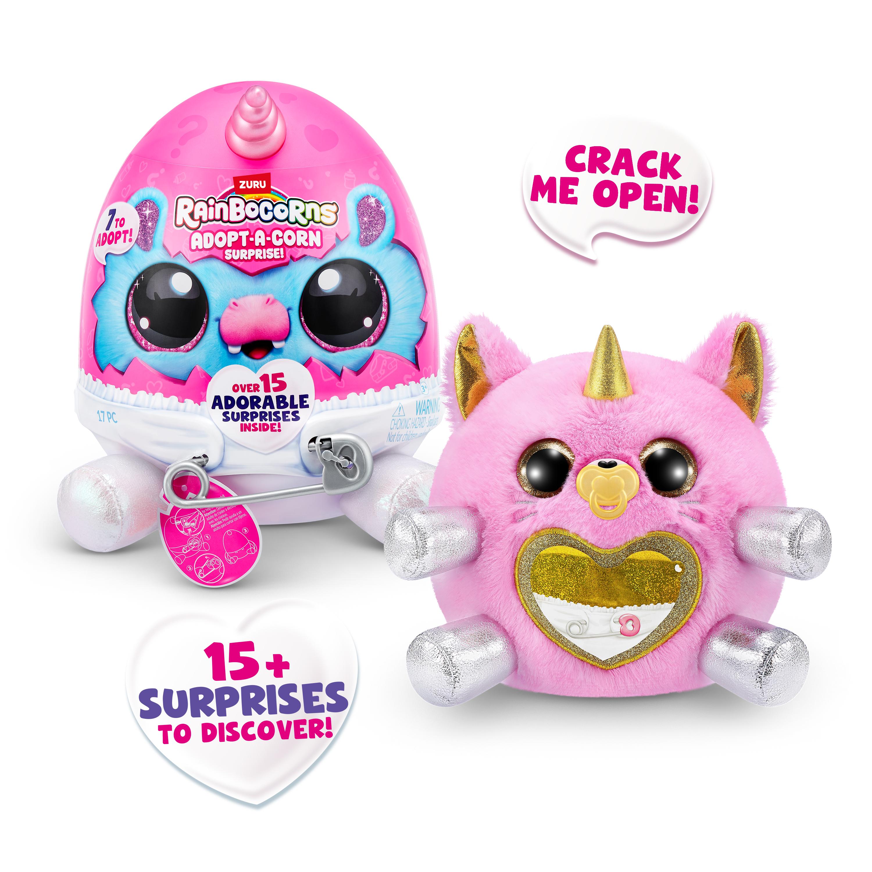 Rainbocorns Adopt-A-Corns Baby Plush Assorted Newborn Surprise Toy with 15+ Surprises, Diaper Egg, Pacifier & Adoption Certificate, Collect All 7 Cute Characters, Gift for Girls Ages 3+