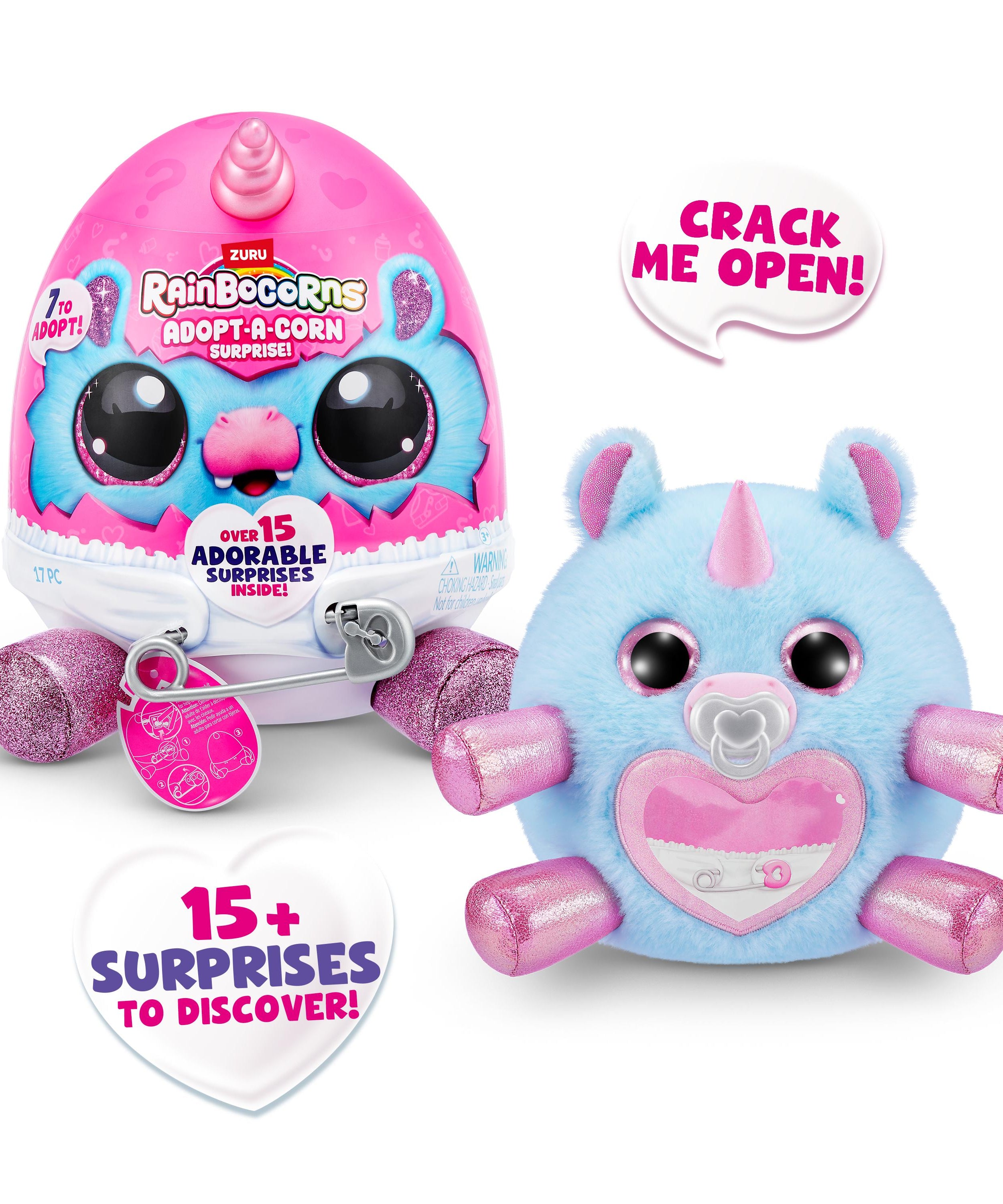 Rainbocorns Adopt-A-Corns Baby Plush Assorted Newborn Surprise Toy with 15+ Surprises, Diaper Egg, Pacifier & Adoption Certificate, Collect All 7 Cute Characters, Gift for Girls Ages 3+