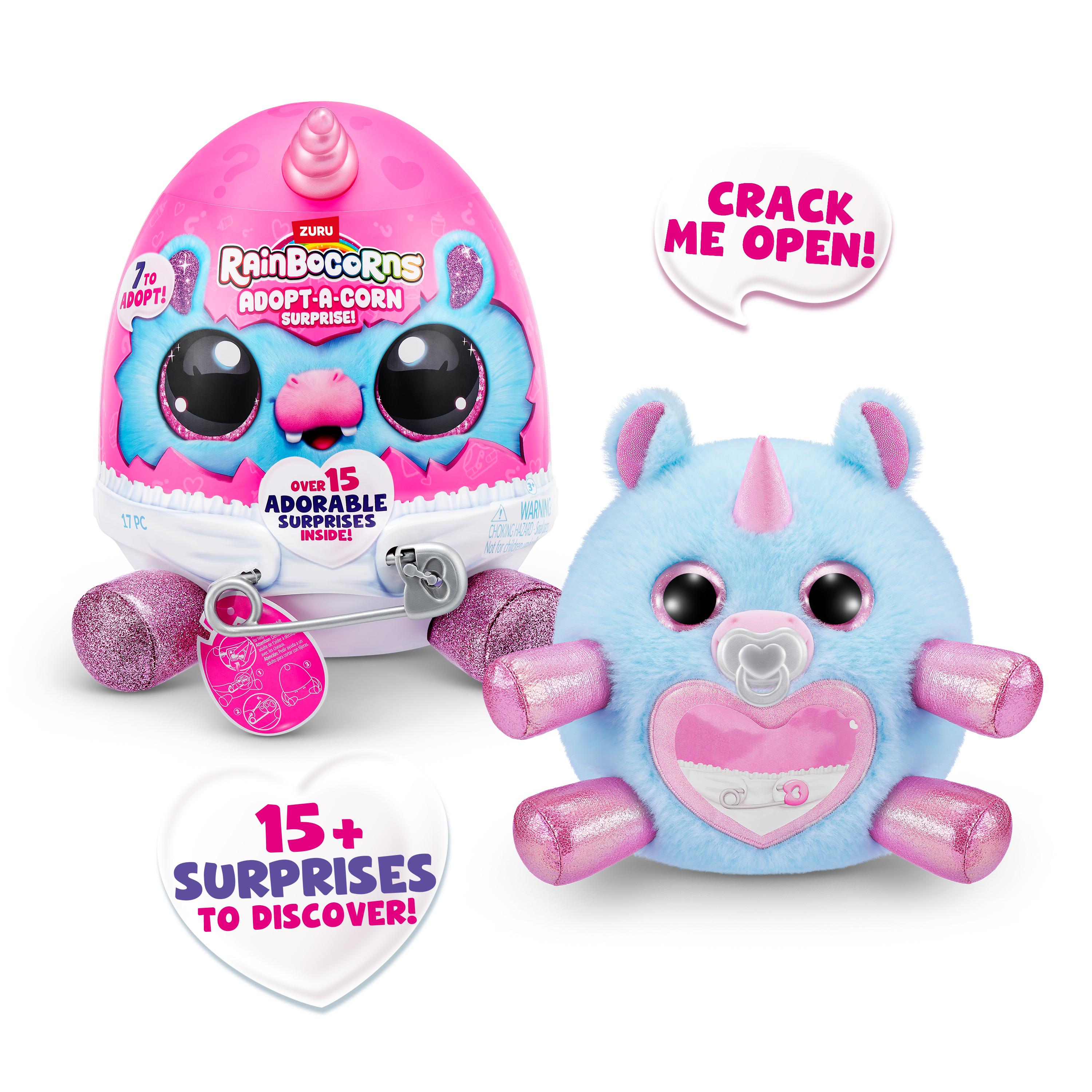 Rainbocorns Adopt-A-Corns Baby Plush Assorted Newborn Surprise Toy with 15+ Surprises, Diaper Egg, Pacifier & Adoption Certificate, Collect All 7 Cute Characters, Gift for Girls Ages 3+