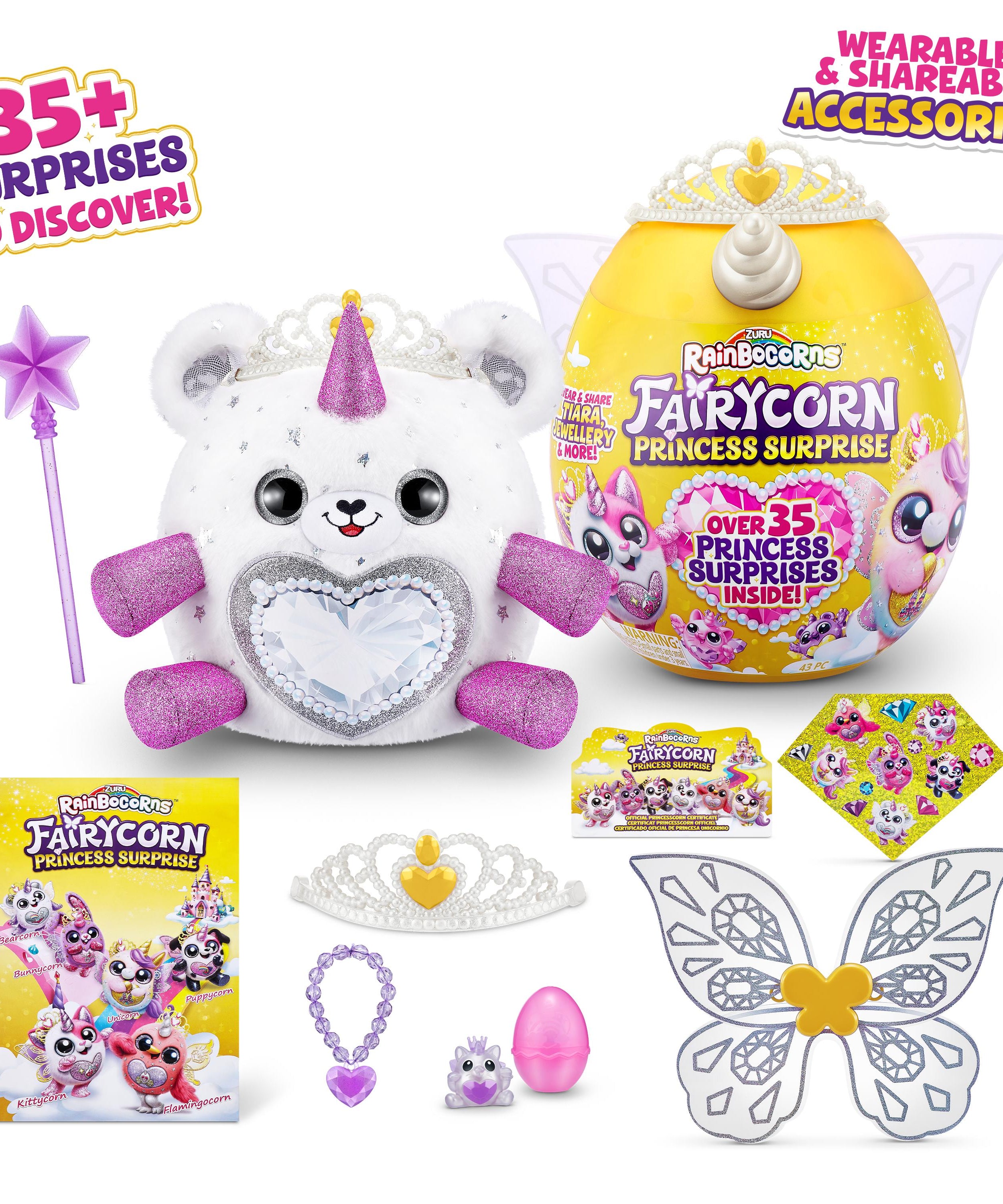 Rainbocorns Fairycorn Princess Surprise (Puppy) 11" Collectible Plush Toy with 35+ Surprises, Fairy Wings, Tiara, Wand, Boo-Boocorn, and Surprise Egg, Soft Toy for Girls Ages 3+