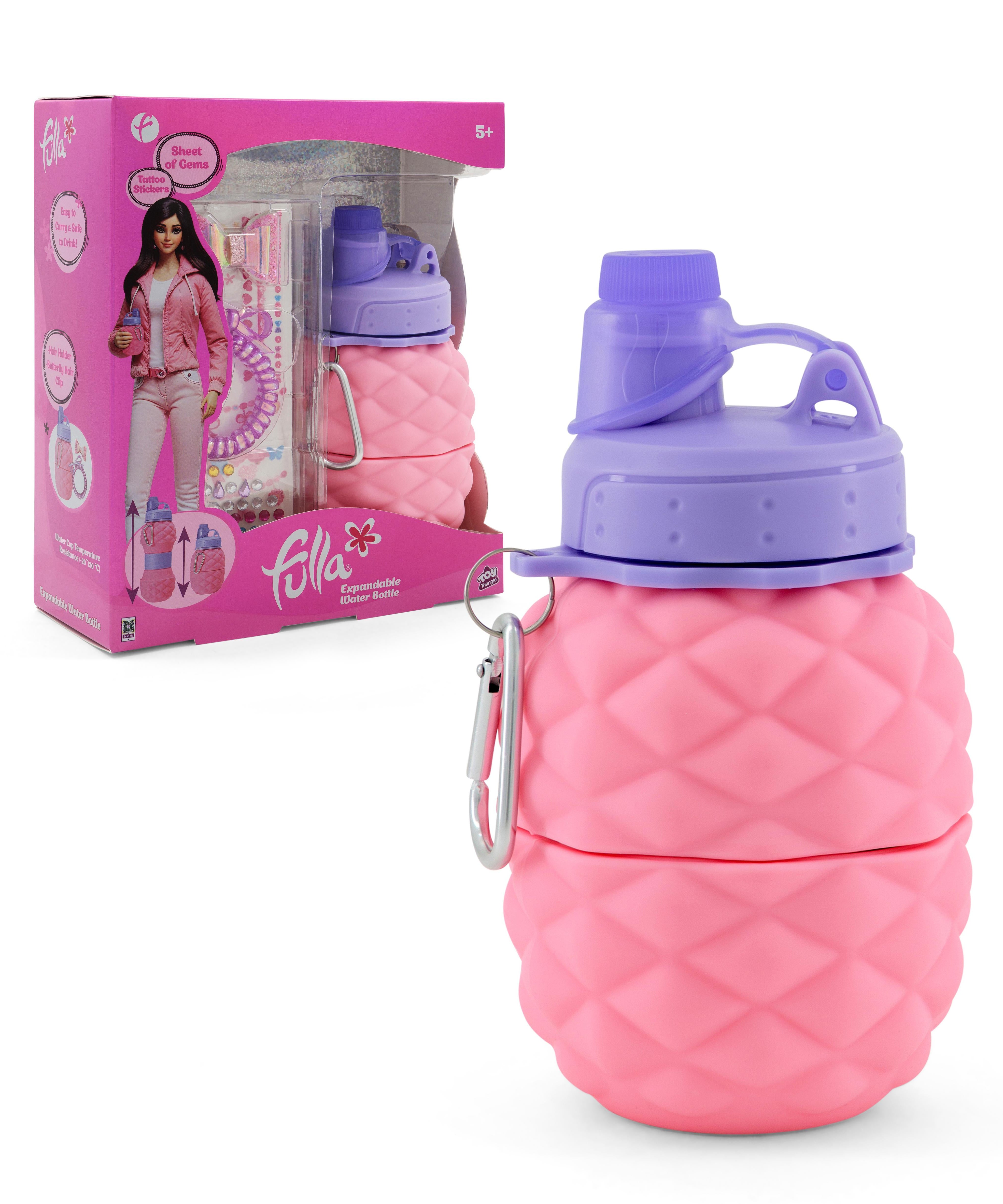 Fulla Expandable Water Bottle for Kids, Collapsible Silicone Cup with Butterfly Hair Clip, Tattoo Sticker & Gem Sheet, Ages 5+