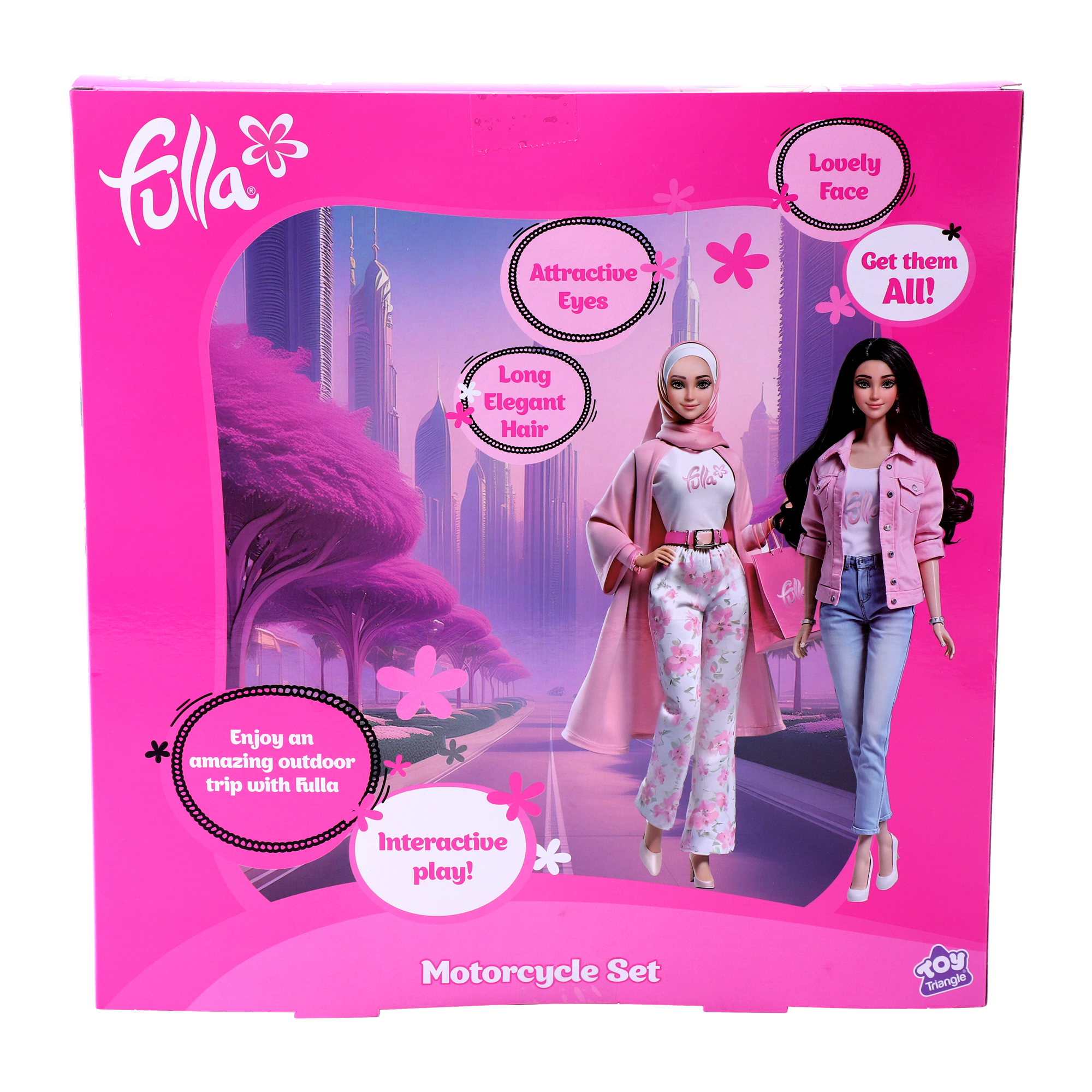 ulla Doll with Pink Motorbike, Floral Pants, Jacket, Helmet and Headscarf, Fashion Doll Ride-On Adventure Set for Girls, Age 3+