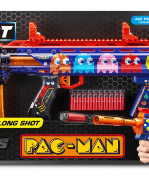 XShot Skins Pro Pac-Man Long Shot Blaster, 40 Darts, Slam Fire, Retro Skin, 2 Quick Clips, Half & Full-Length Ammo, Air Pocket Foam Tech, 66ft Range for Boys, Age 14+