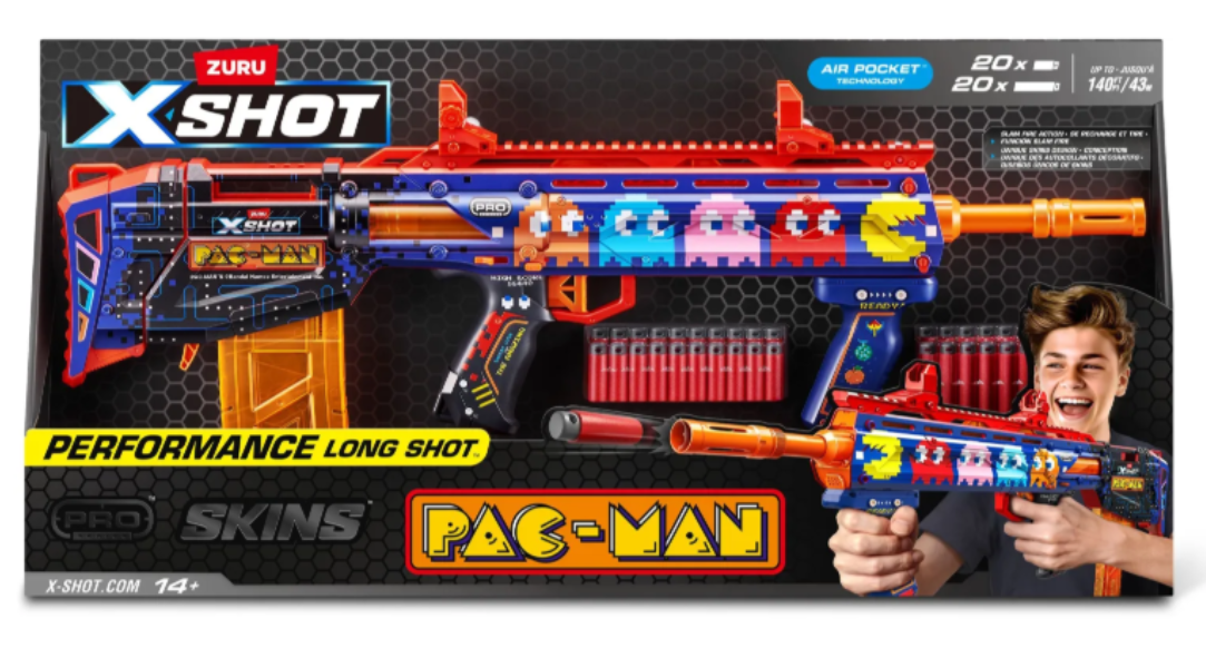 XShot Skins Pro Pac-Man Long Shot Blaster, 40 Darts, Slam Fire, Retro Skin, 2 Quick Clips, Half & Full-Length Ammo, Air Pocket Foam Tech, 66ft Range for Boys, Age 14+