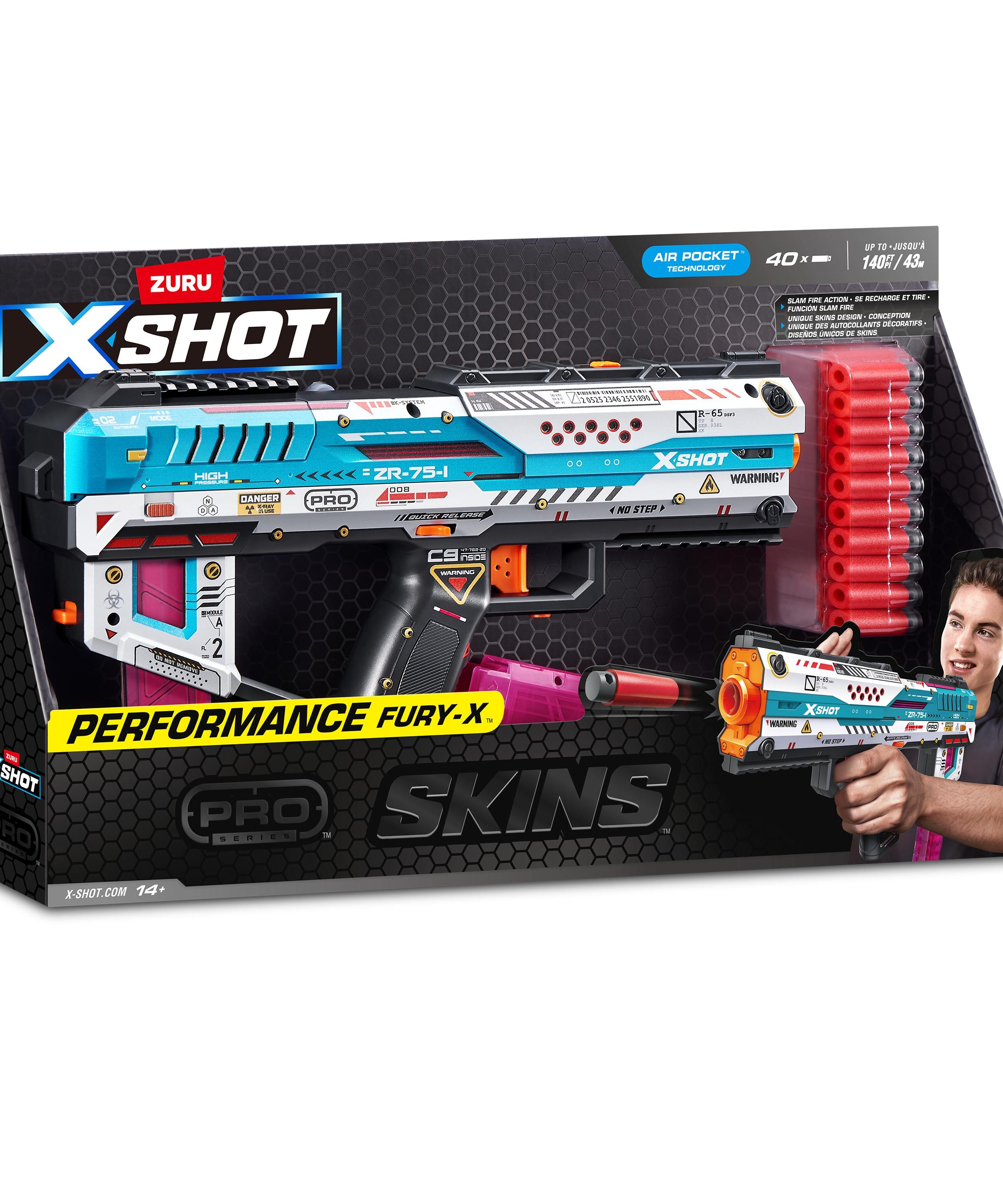 XSHOT Skins Pro Series Fury X Blaster Toy Gun for Boys & Teens, Age 14+, 40 Foam Half Darts, Slam Fire Action, 20-Dart Quick-Release Clip, Air Pocket Technology, 140ft Range