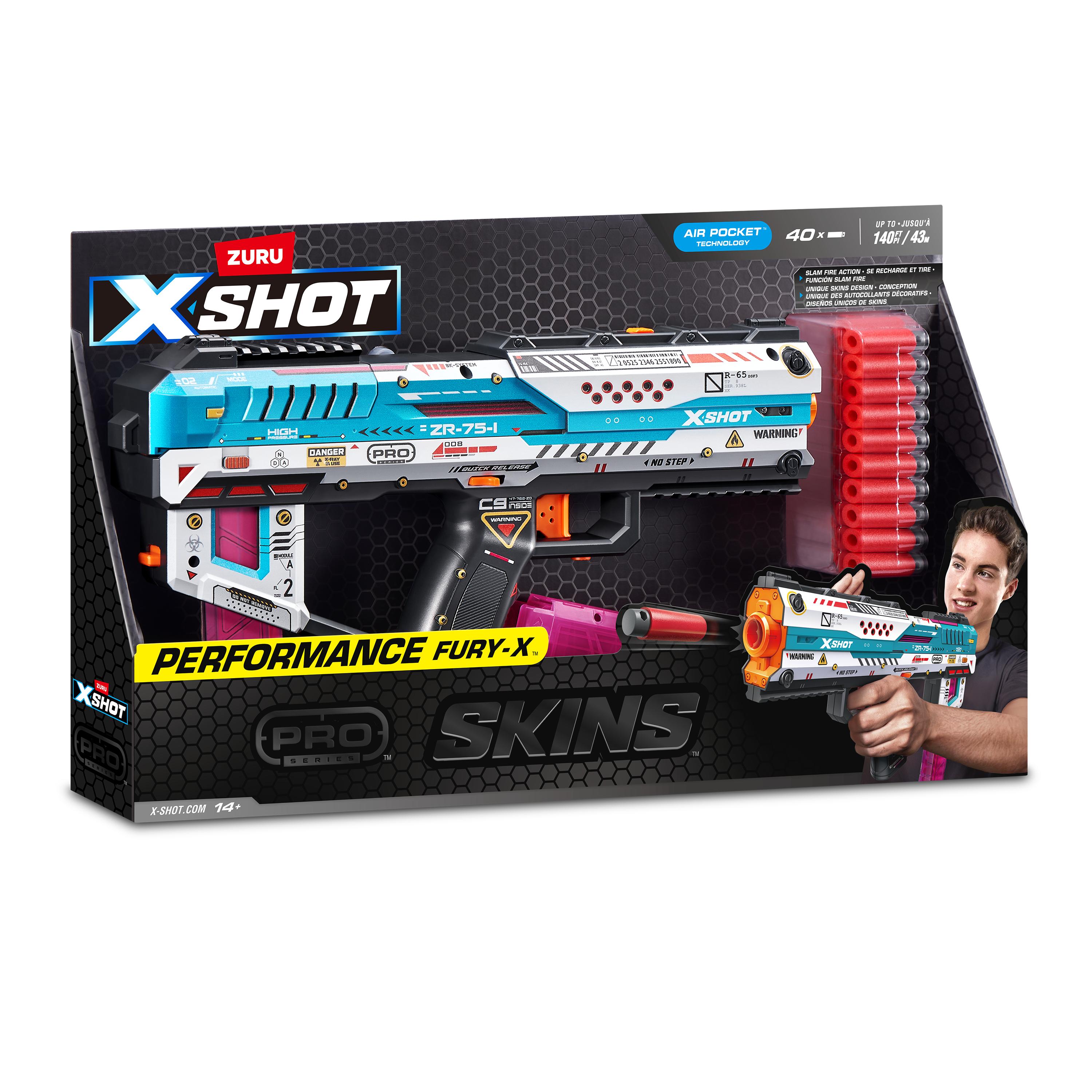 XSHOT Skins Pro Series Fury X Blaster Toy Gun for Boys & Teens, Age 14+, 40 Foam Half Darts, Slam Fire Action, 20-Dart Quick-Release Clip, Air Pocket Technology, 140ft Range