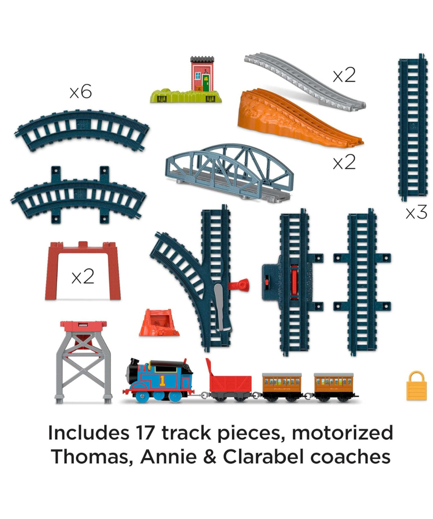 Thomas & Friends Fisher-Price 3-in-1 Package Pickup Train Set, Motorized Thomas with Annie & Clarabel, 3 Track Layouts, Battery-Powered, Ages 3+