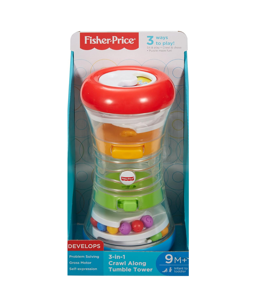 Fisher Price 3 in 1 Crawl Along Tumble Tower, DRG12 Activity Toy, Multi Color, Sit and Play Roll and Chase Puzzle Maze Toy for Babies, Fine Motor Skill Development, 9 Months and Up