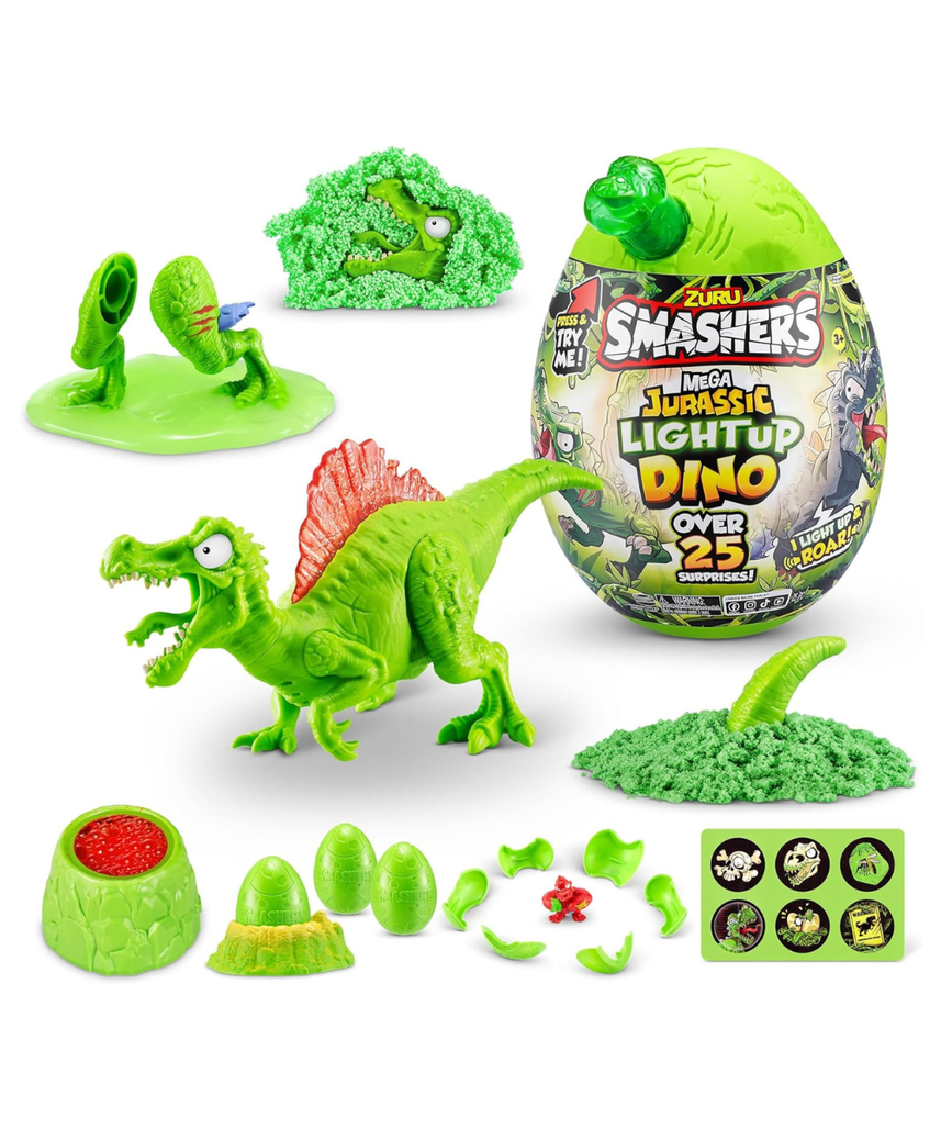 Zuru Smashers Mega Dino Combo Pack Dino Island and Jurassic Light Up Dino Egg with 25+ Surprises Slime Sand Foam Mini Eggs Buildable Dinosaurs Light Up and Roaring Features Collectible Toy Playset for Kids 5+