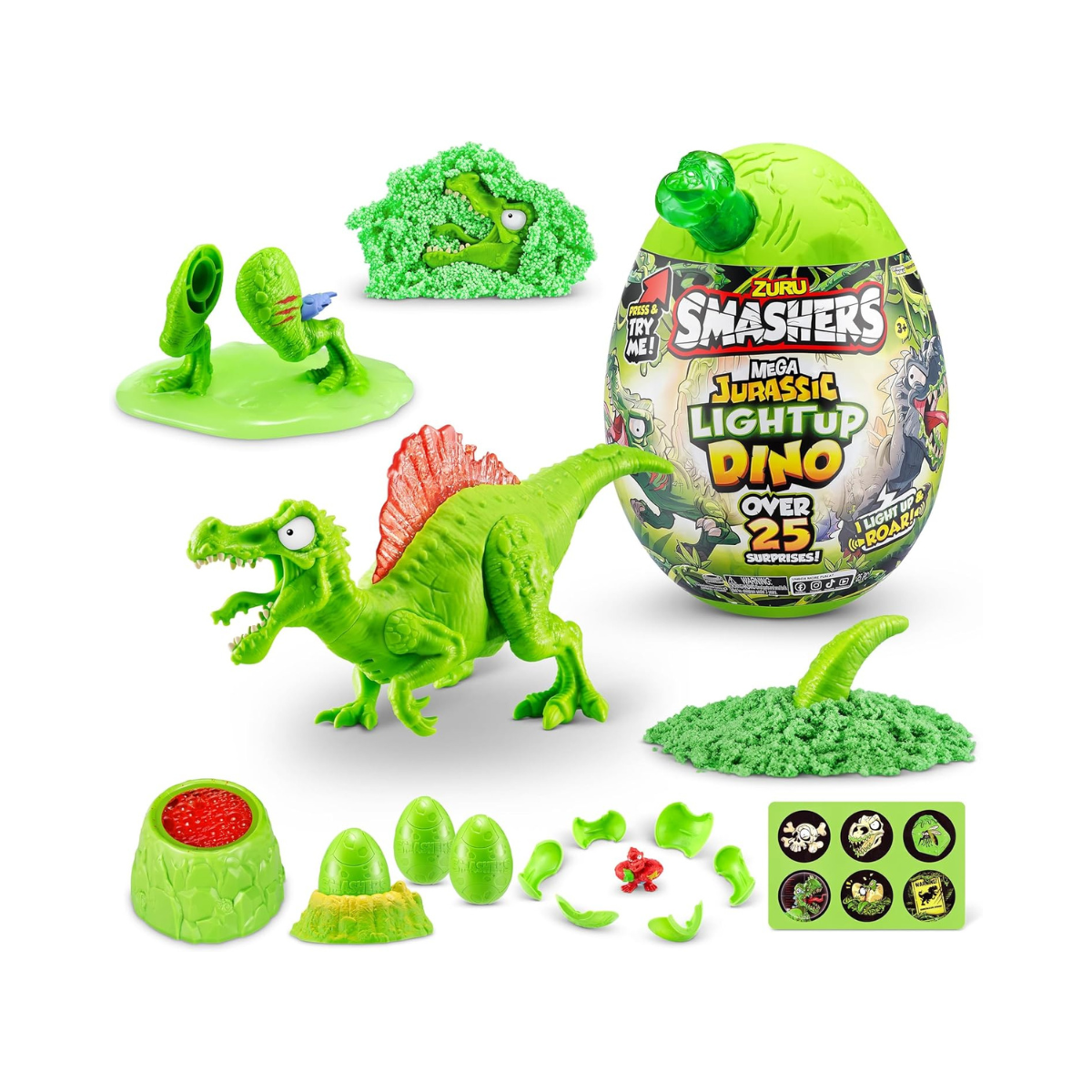 Zuru Smashers Mega Dino Combo Pack Dino Island and Jurassic Light Up Dino Egg with 25+ Surprises Slime Sand Foam Mini Eggs Buildable Dinosaurs Light Up and Roaring Features Collectible Toy Playset for Kids 5+