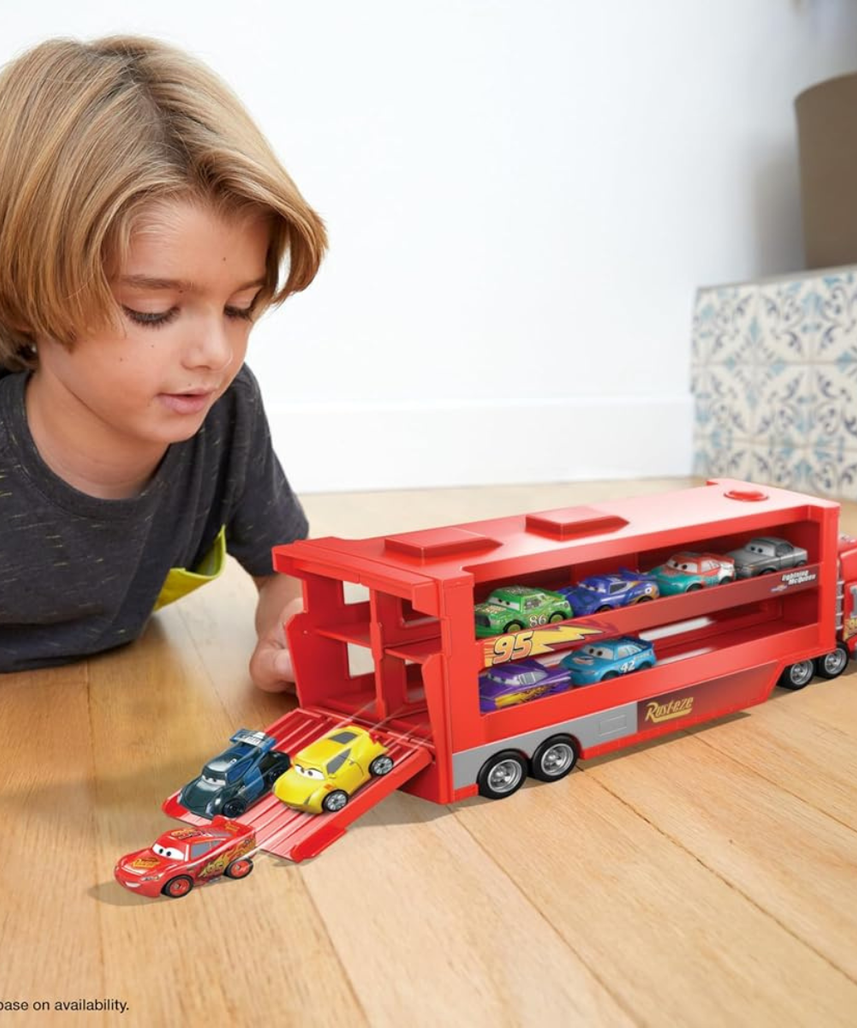 Mattel Disney Pixar Cars Mack Mini Racers Hauler with 1 Mini Die-Cast Car, Toy Transporter Holds 18 Minis, Ages 3+