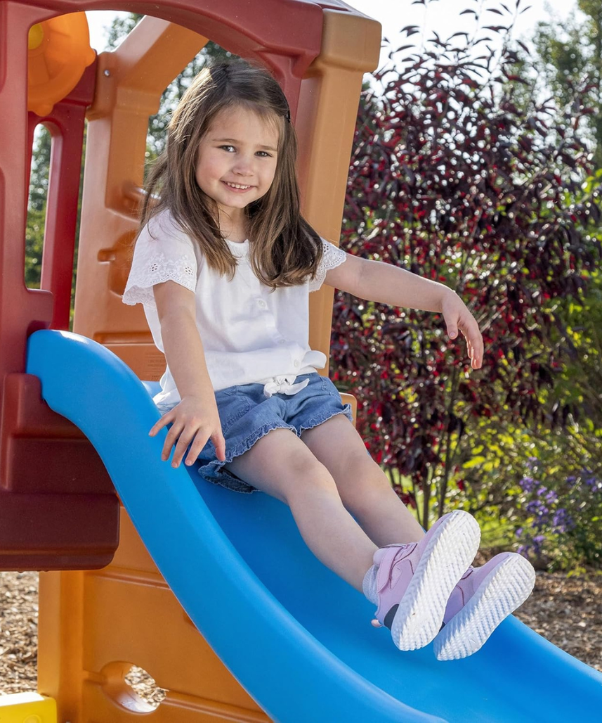 Step2 Double Slide Climber, Brown, Two-Tier Outdoor Climber with Ladder, Rock Wall & Rotating Steering Wheel