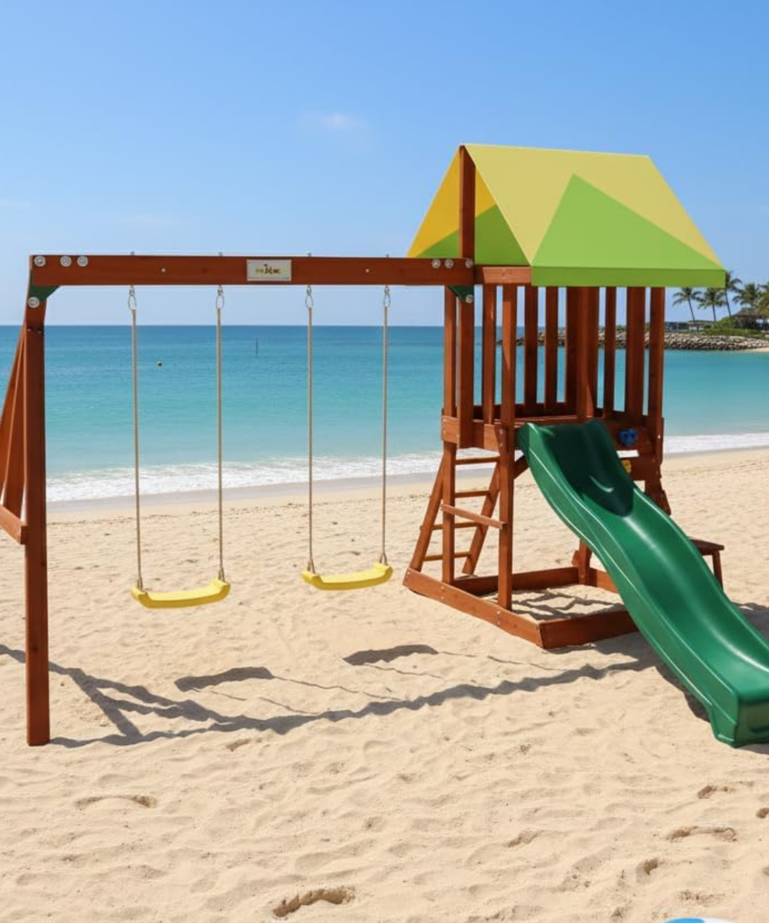 Kiddoro Mighty Jungle Wooden Outdoor Playset, Double Slide & 2 Swings, Climbing Wall, Playhouse with Picnic Table, Backyard Garden Swing Set for Kids 2+ Years