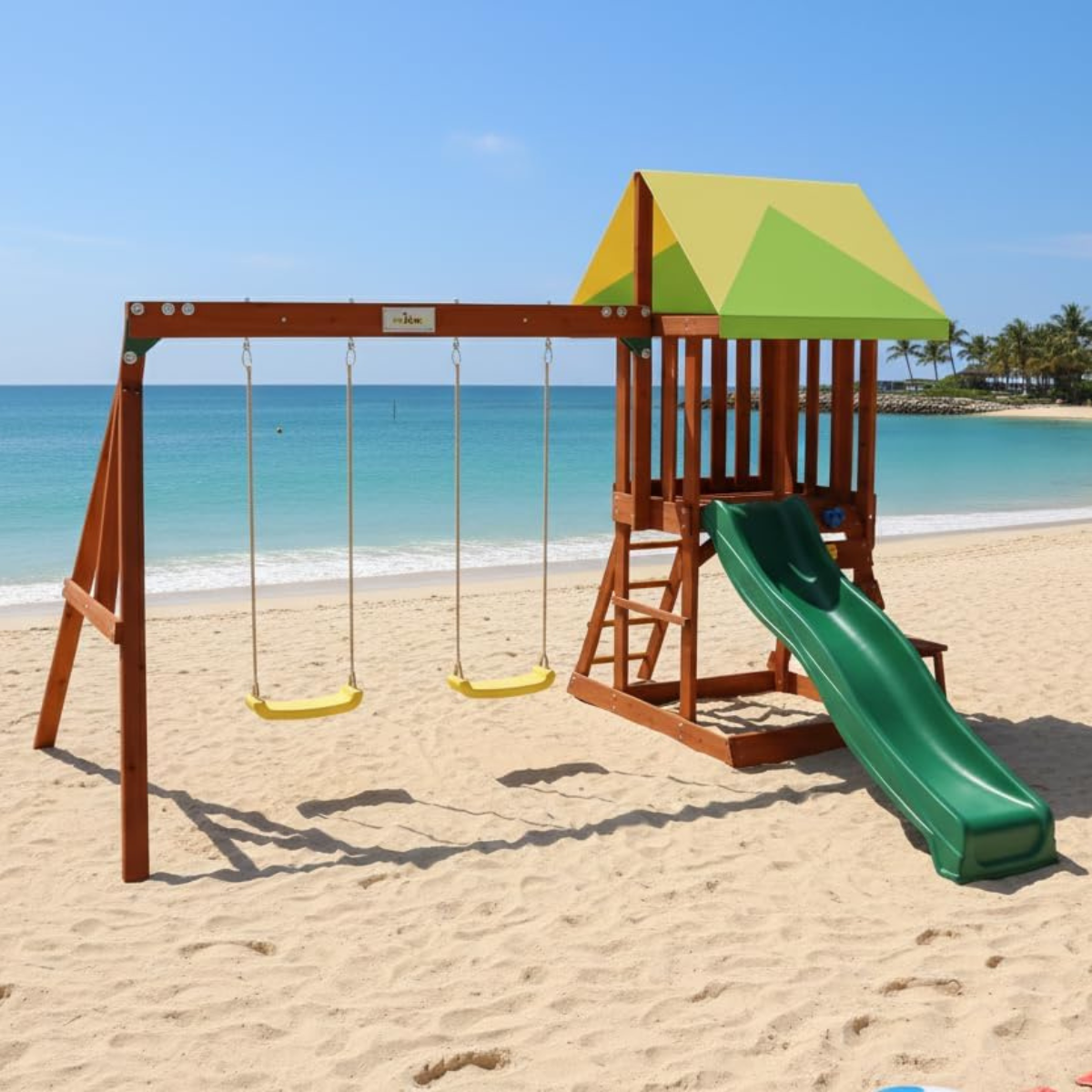 Kiddoro Mighty Jungle Wooden Outdoor Playset, Double Slide & 2 Swings, Climbing Wall, Playhouse with Picnic Table, Backyard Garden Swing Set for Kids 2+ Years