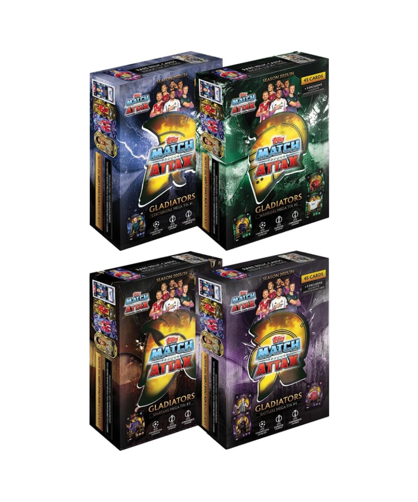 Topps Match Attax UCC 2025 2026 Mega Tin Collectible Football Trading Cards with 45 Cards and Exclusive Gladiators Limited Editions, Official UEFA Licensed, Assorted Mega Tin