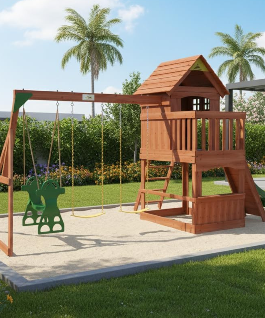 Kiddoro Playful Peaks Wooden Outdoor Playset with Slide, Swings, Glider & Climbing Wall for Kids 3+ Years