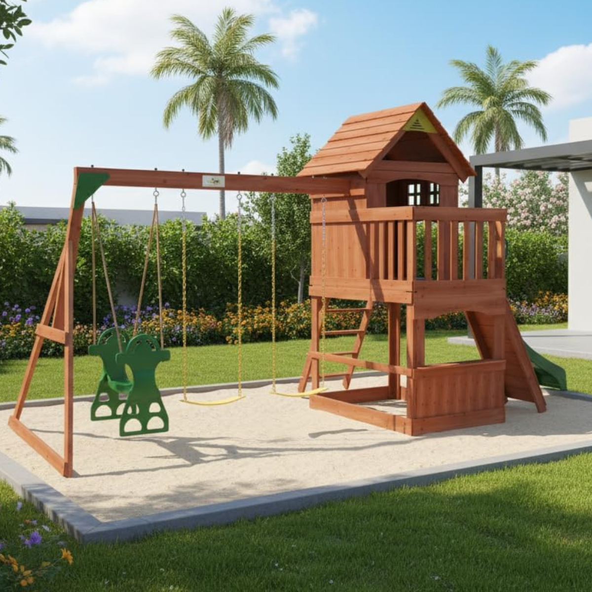 Kiddoro Playful Peaks Wooden Outdoor Playset with Slide, Swings, Glider & Climbing Wall for Kids 3+ Years