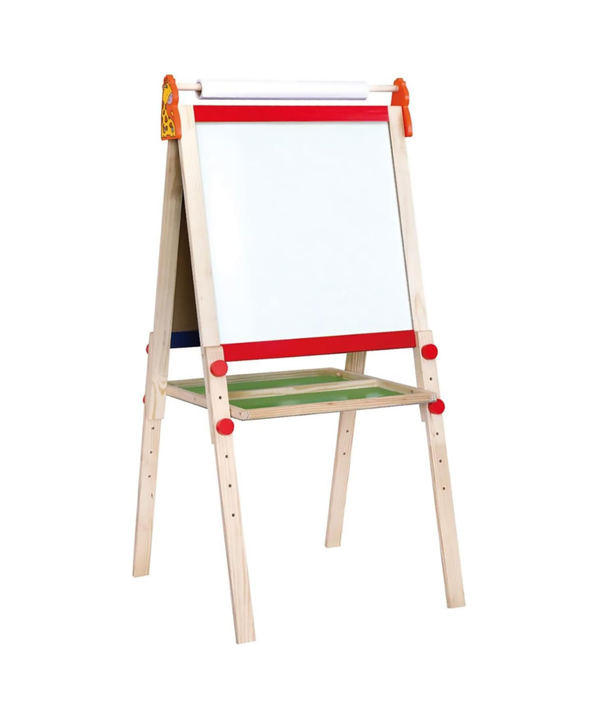 Viga Toys Standing Easel with Roll Paper, Wooden Two-Sided Art Easel with Chalkboard and Magnetic Whiteboard, Includes 10m Paper Roll, Chalk, Eraser, Dry Erase Pen & 4 Magnets, Multicolor, Ages 2+ to 6