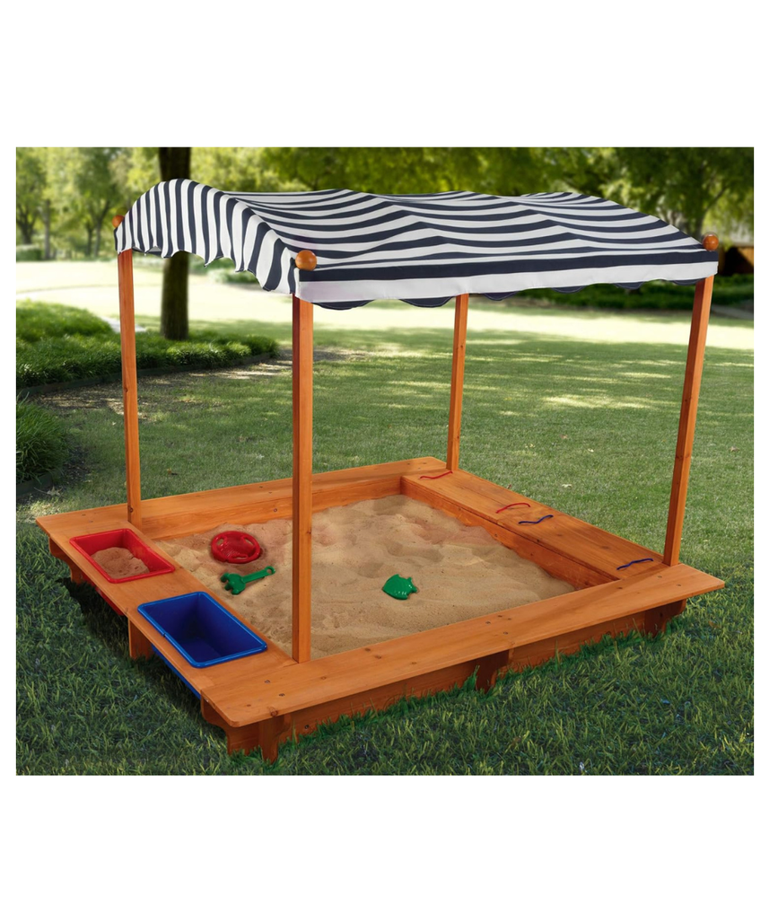 KidKraft 165 Wooden Sandbox with Canopy, Outdoor Sandpit Playset for Kids, Storage Bins, Weather Resistant Wood, Mesh Cover, Garden Sand Toys for Children Ages 3 to 8